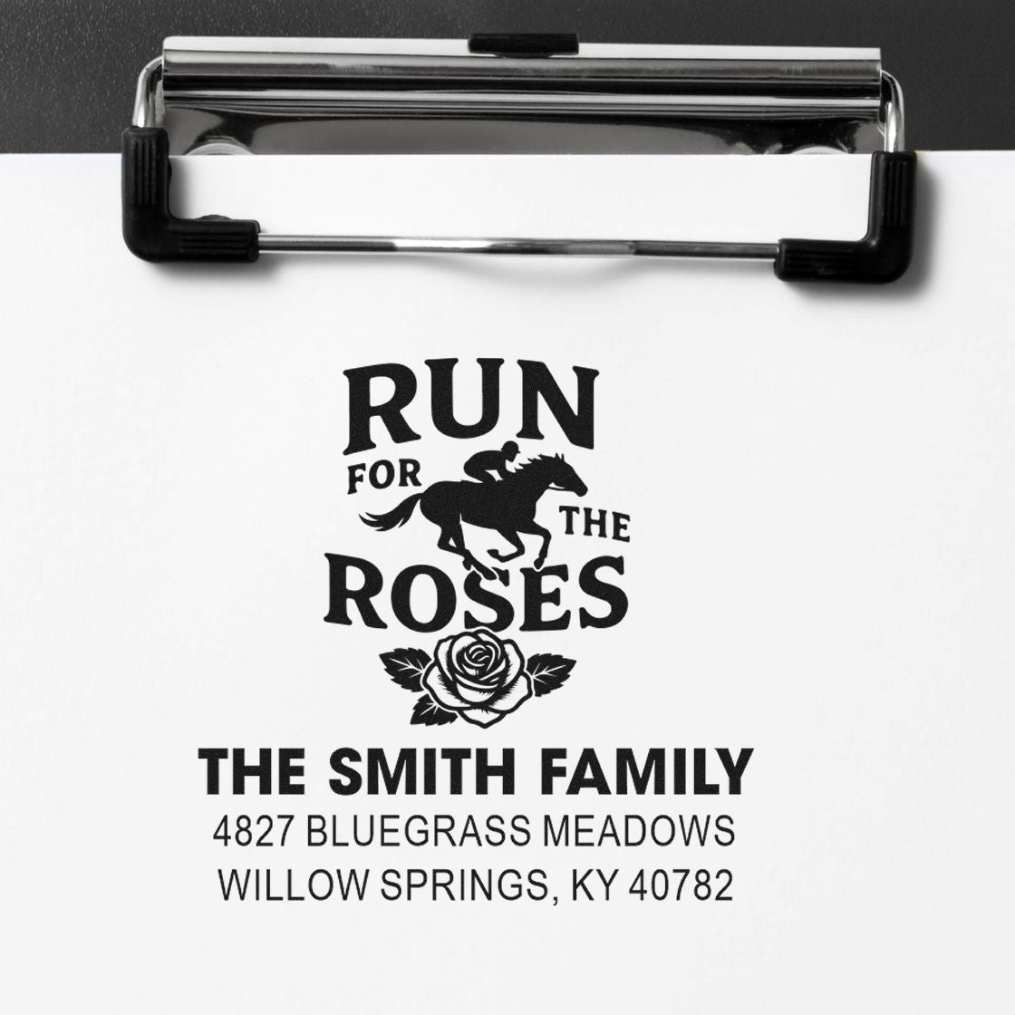 Custom horse racing rubber address stamp for The Smith Family with Run for the Roses design and mailing address.