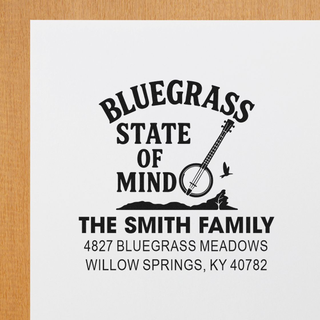 Custom Bluegrass State of Mind family address rubber stamp for The Smith Family with Kentucky return address and banjo design.