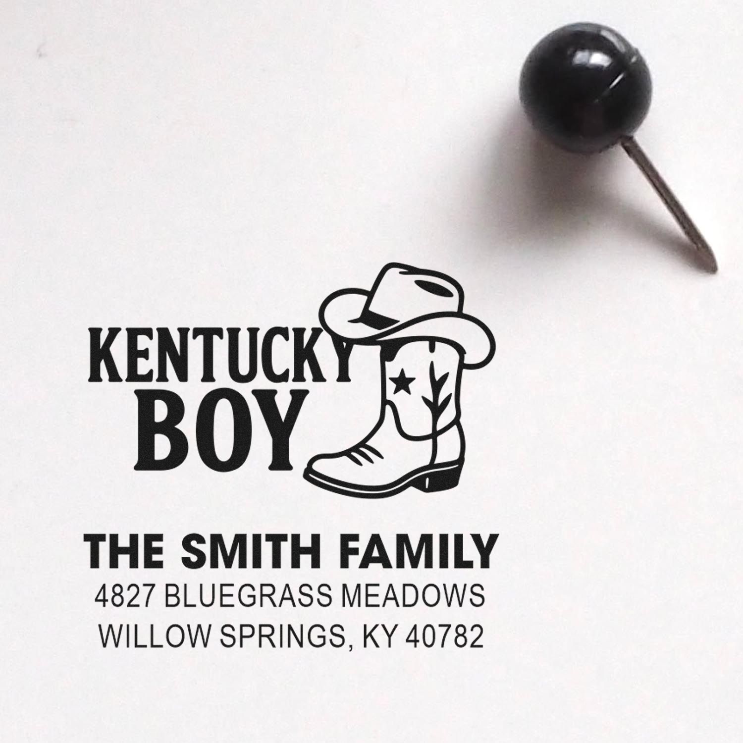 Personalized Kentucky Boy return address rubber stamp with cowboy boot design for The Smith Family