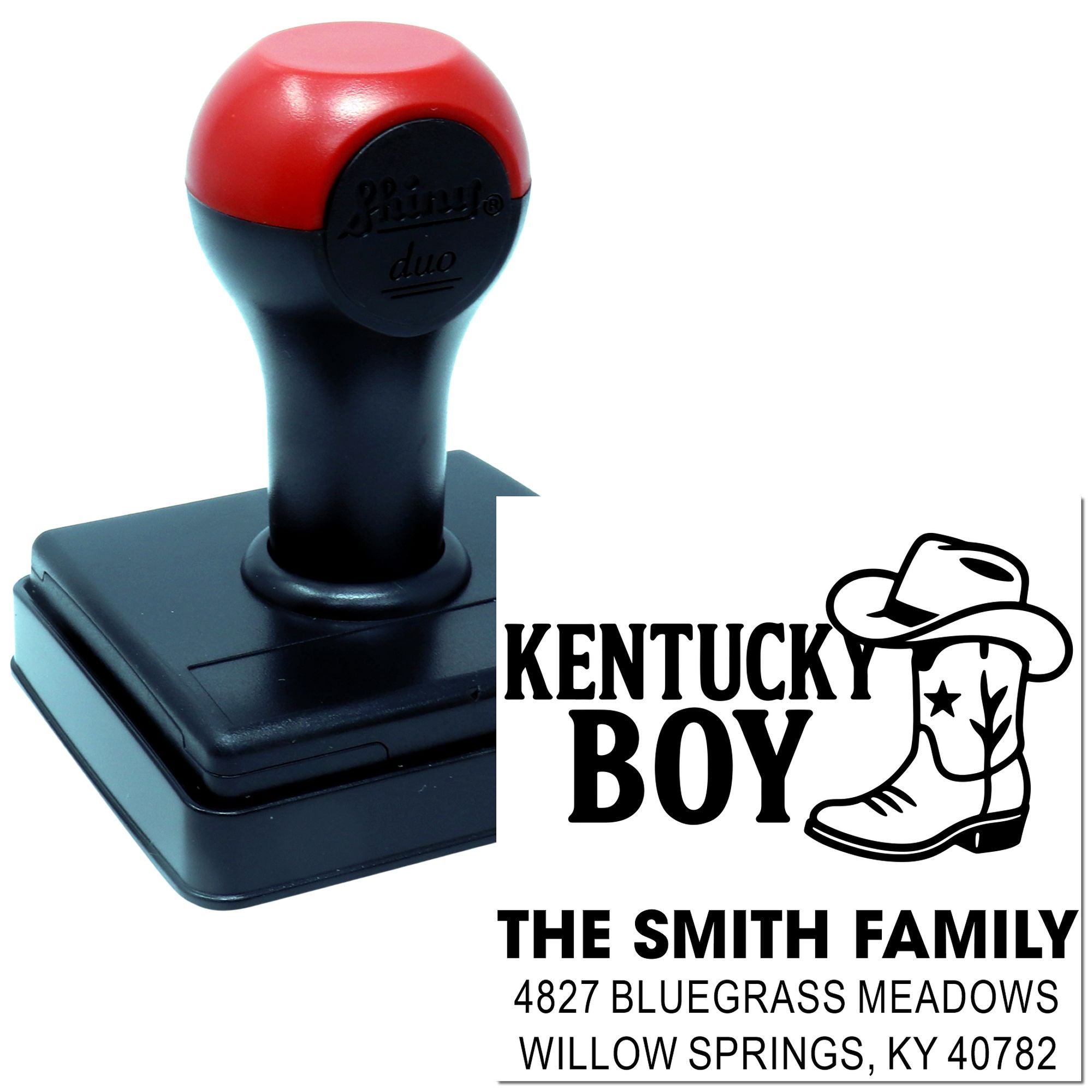 Kentucky Boy custom family address stamp with cowboy boot design and Smith family name.