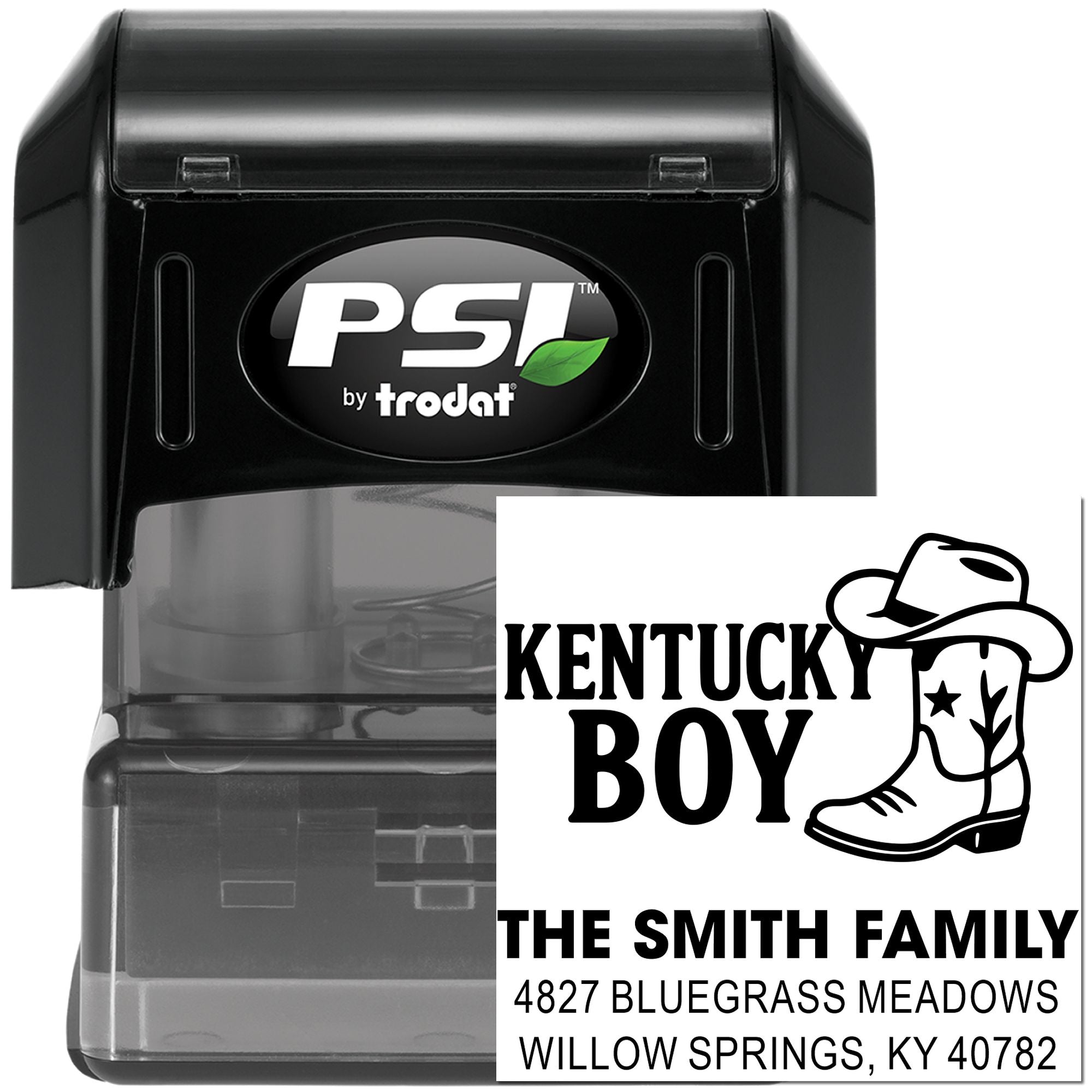 PSI by Trodat self-inking rubber stamp with Kentucky Boy cowboy design for custom family address imprint