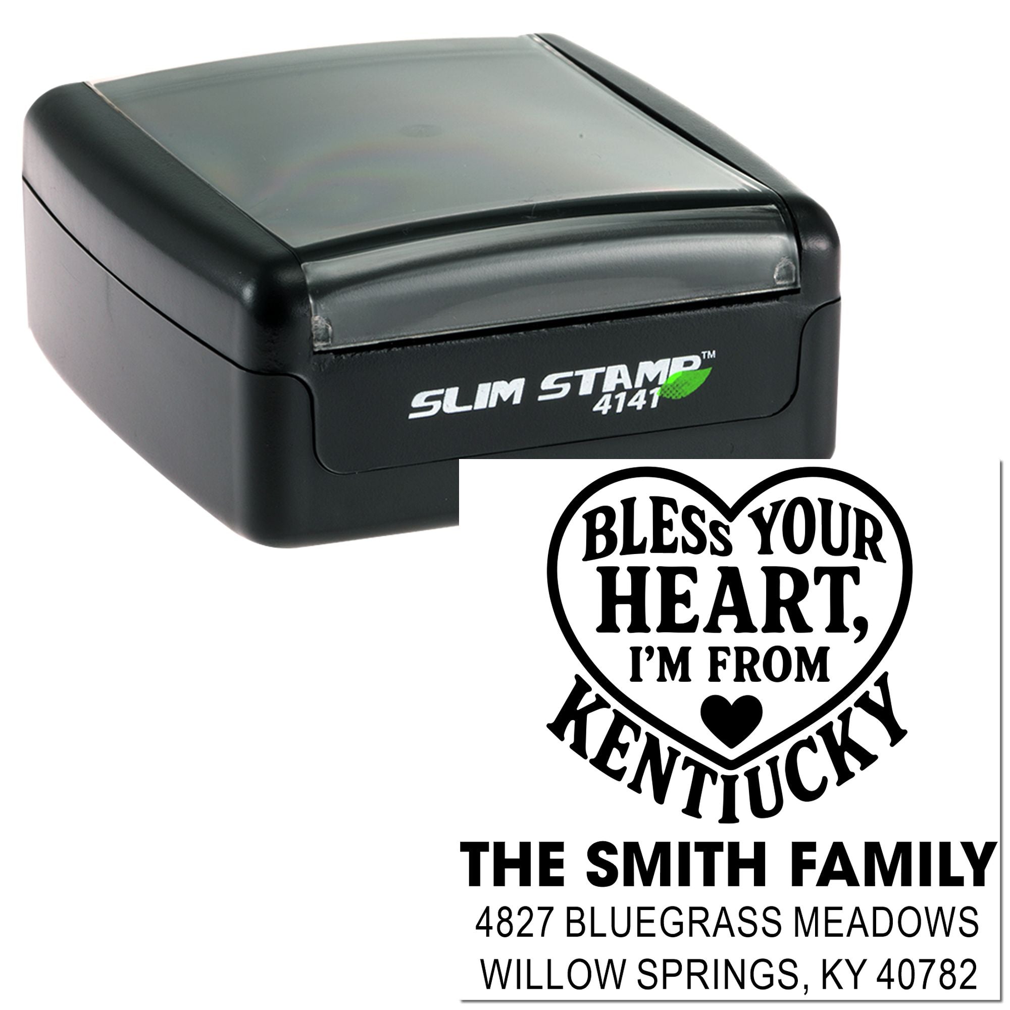 Custom self-inking rubber stamp with personalized Kentucky family address and Bless Your Heart, Im From Kentucky design