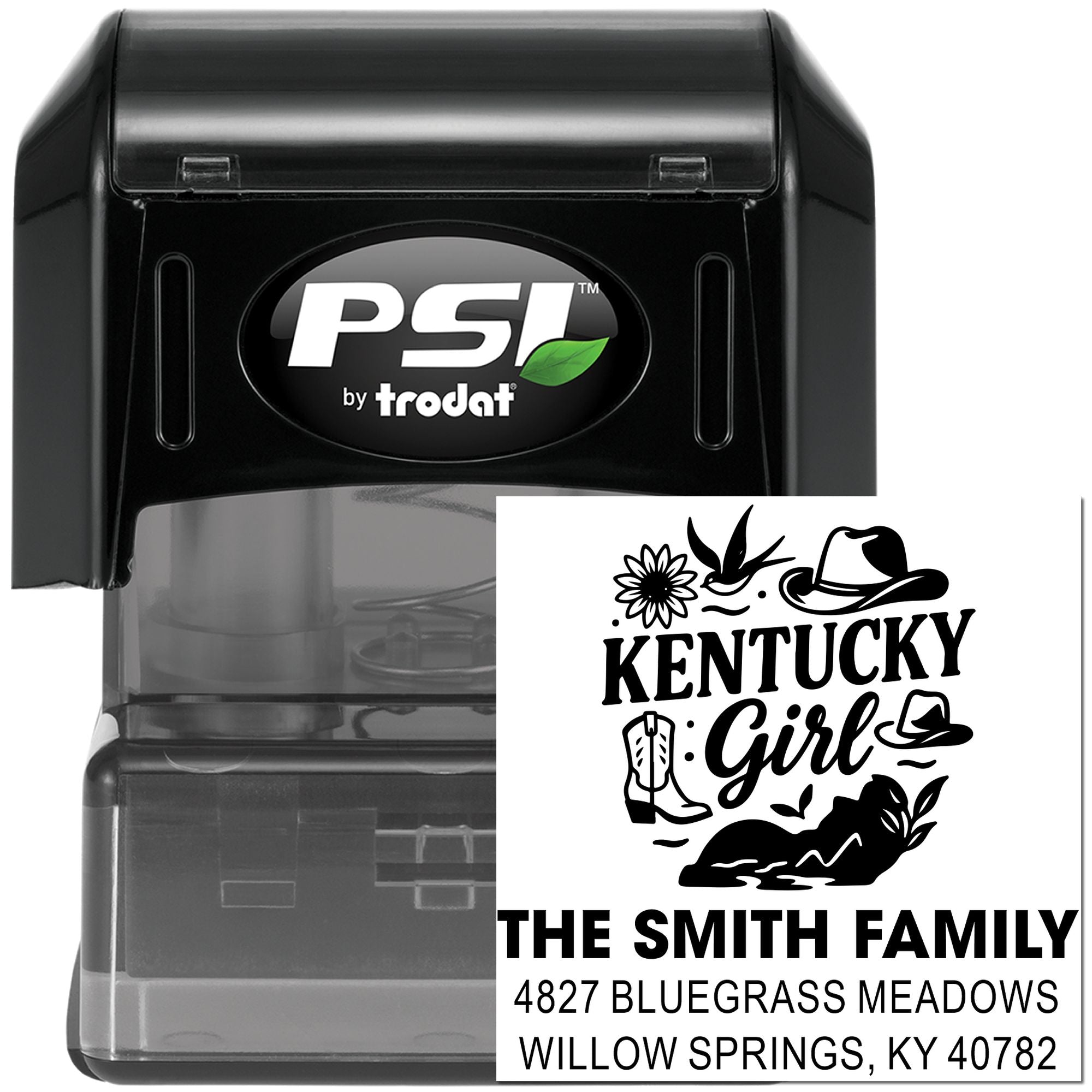 PSI by Trodat self-inking rubber stamp with custom Kentucky Girl family address and return address design.