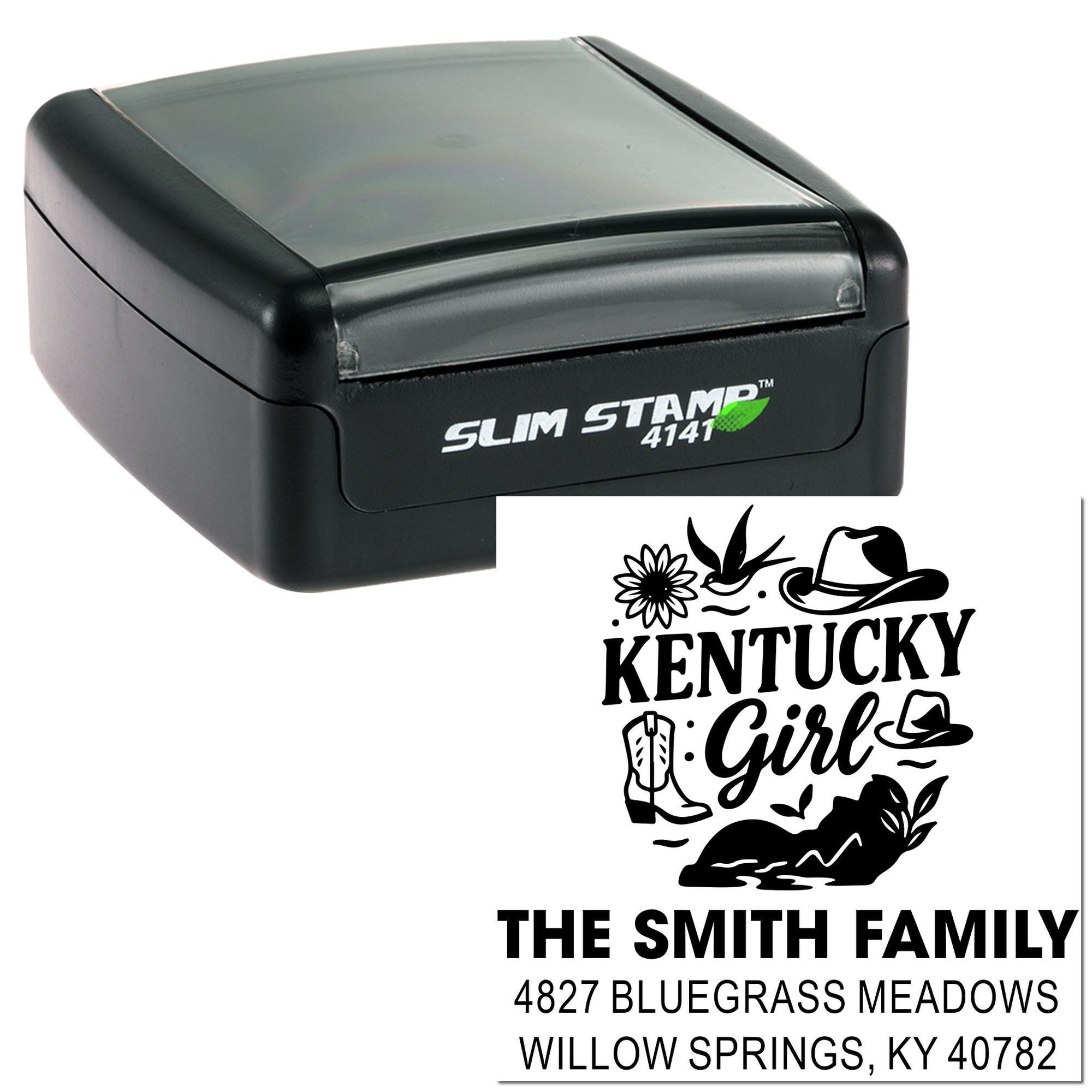 Personalized Kentucky Girl return address rubber stamp for The Smith Family with custom home address.