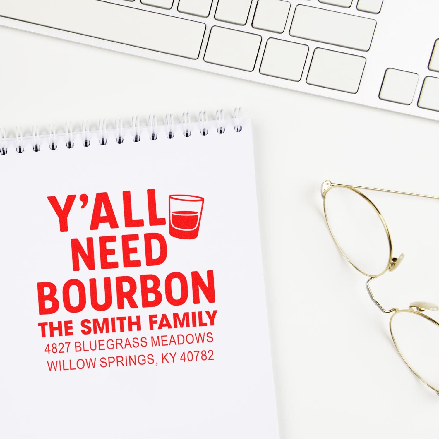 Custom bourbon rubber stamp with Yall Need Bourbon design and return address for personalized home bar stationery.