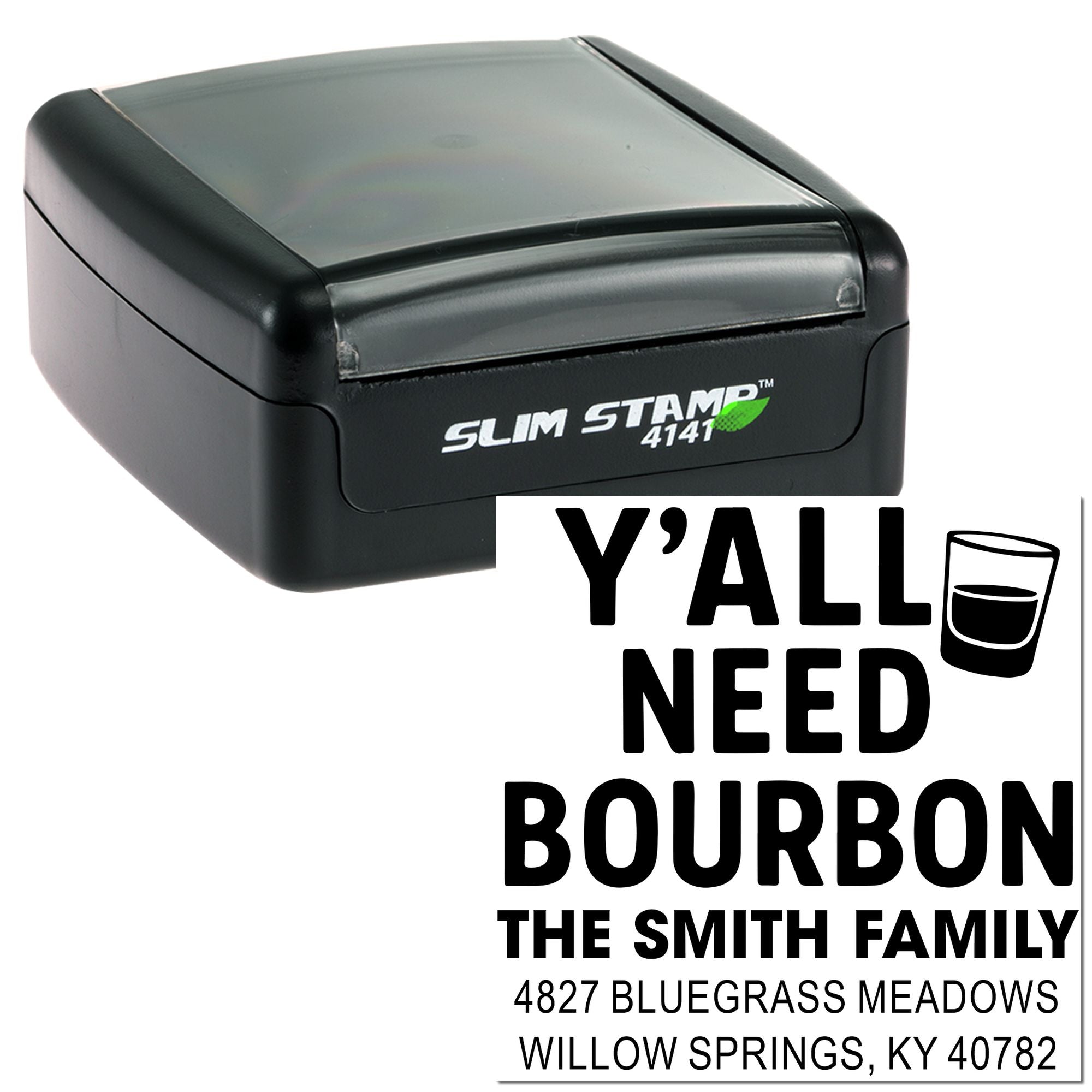 Custom self-inking rubber return address stamp with Yall Need Bourbon design for personalized family mail and bourbon gifts.