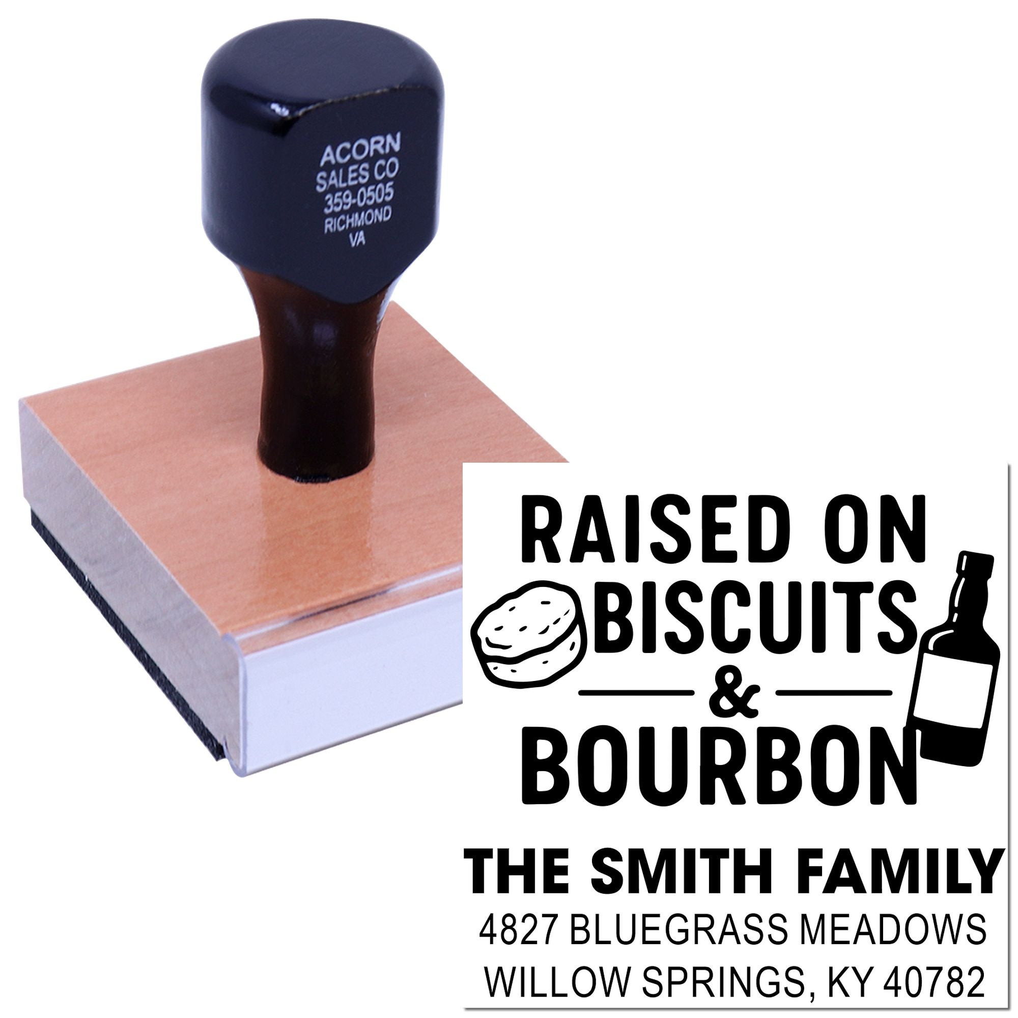 Custom rubber stamp for Raised on Biscuits & Bourbon with Smith family name and address for personalized branding.