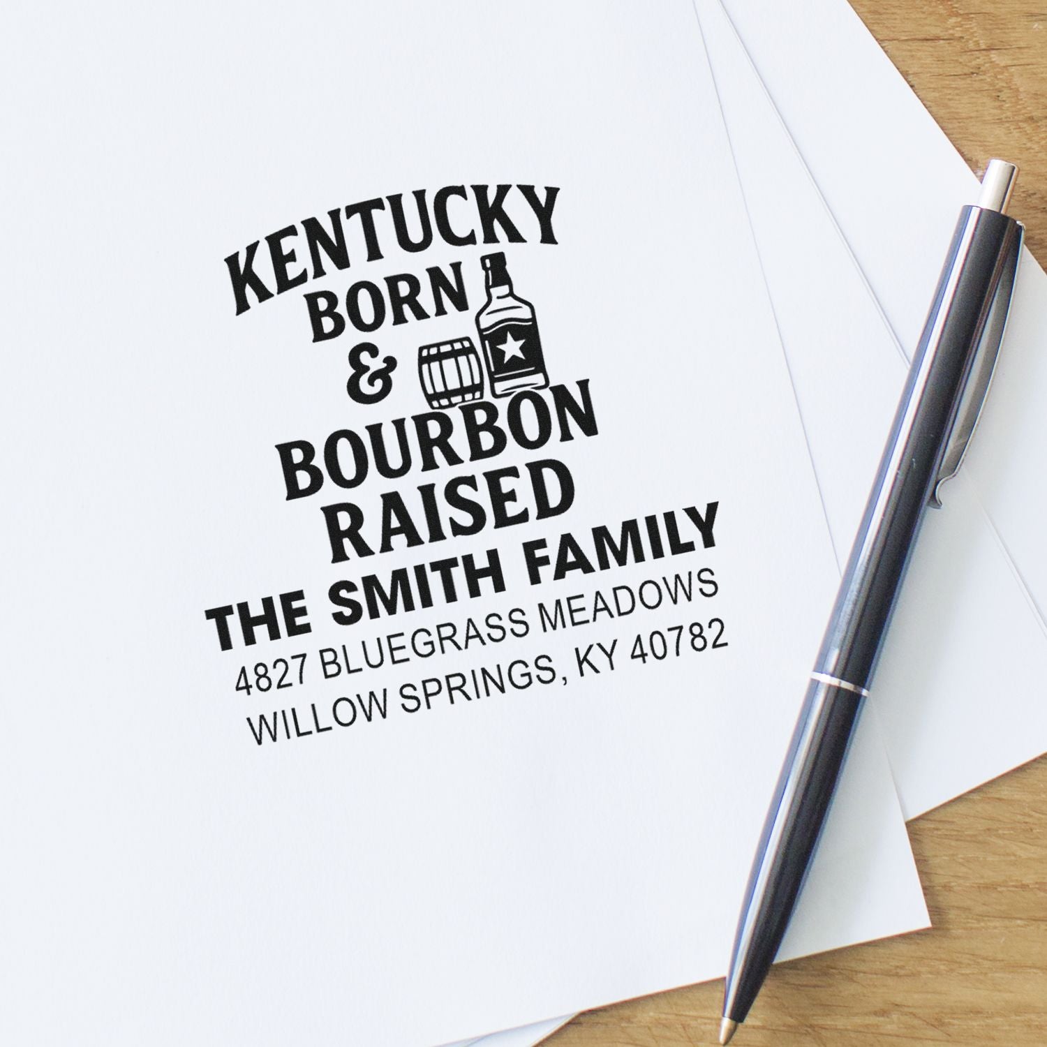 Personalized Kentucky Born & Bourbon Raised return address rubber stamp with family name and address