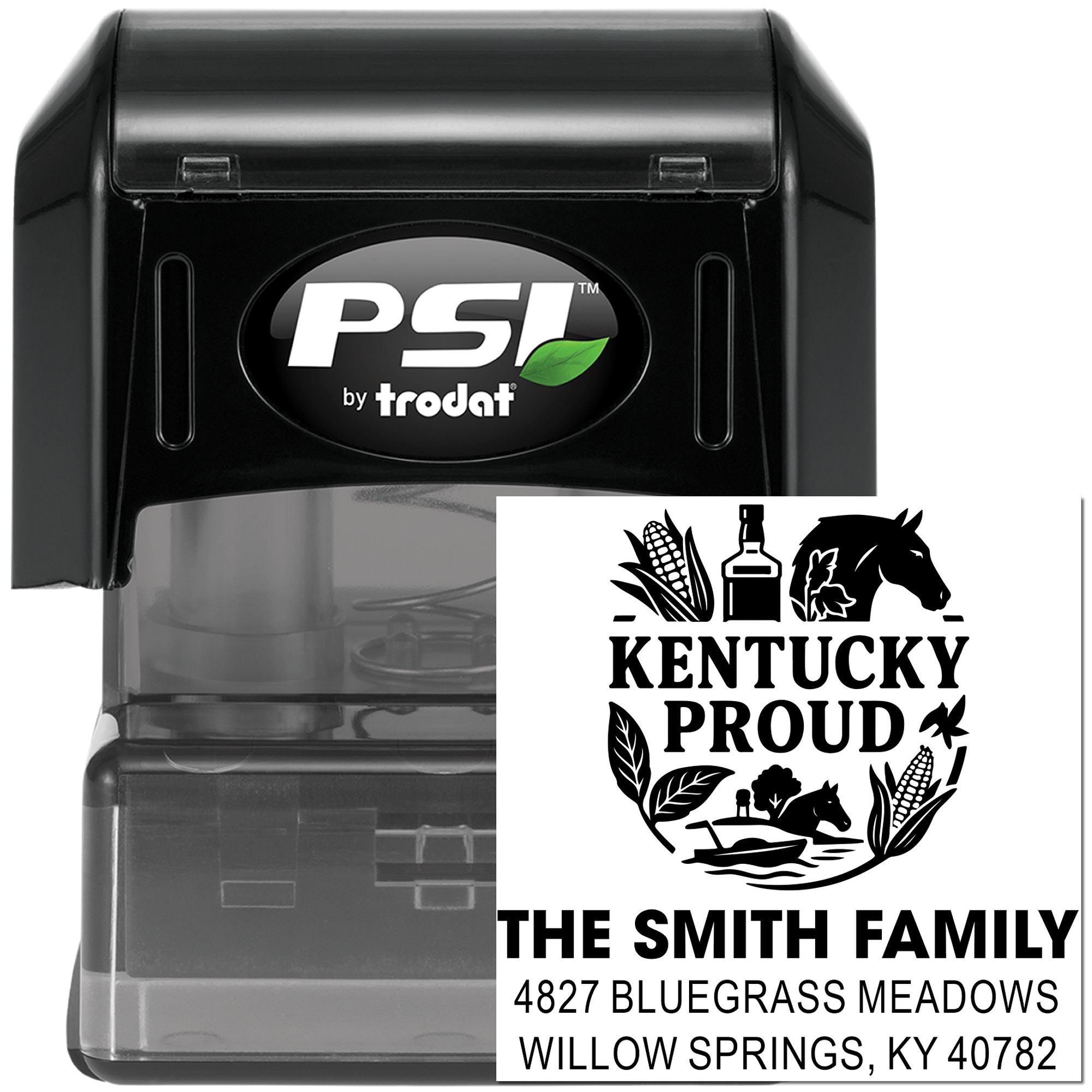Custom Kentucky Proud self-inking rubber stamp for return address and family branding