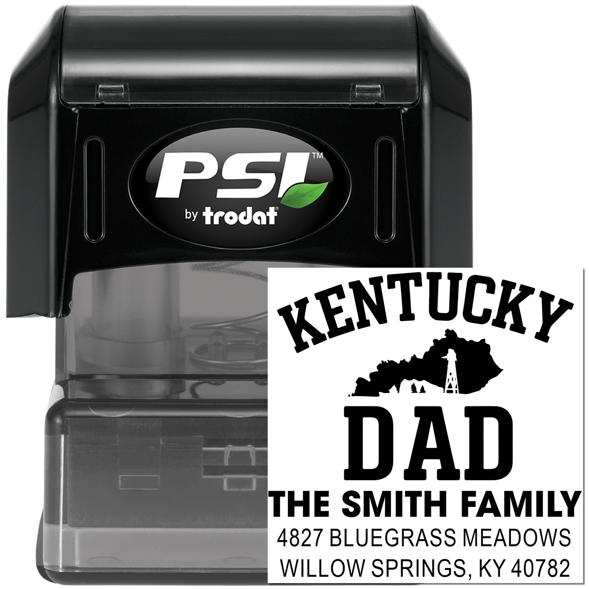Custom self-inking Kentucky Dad address rubber stamp by PSI Trodat for personalized return addresses and family mail.