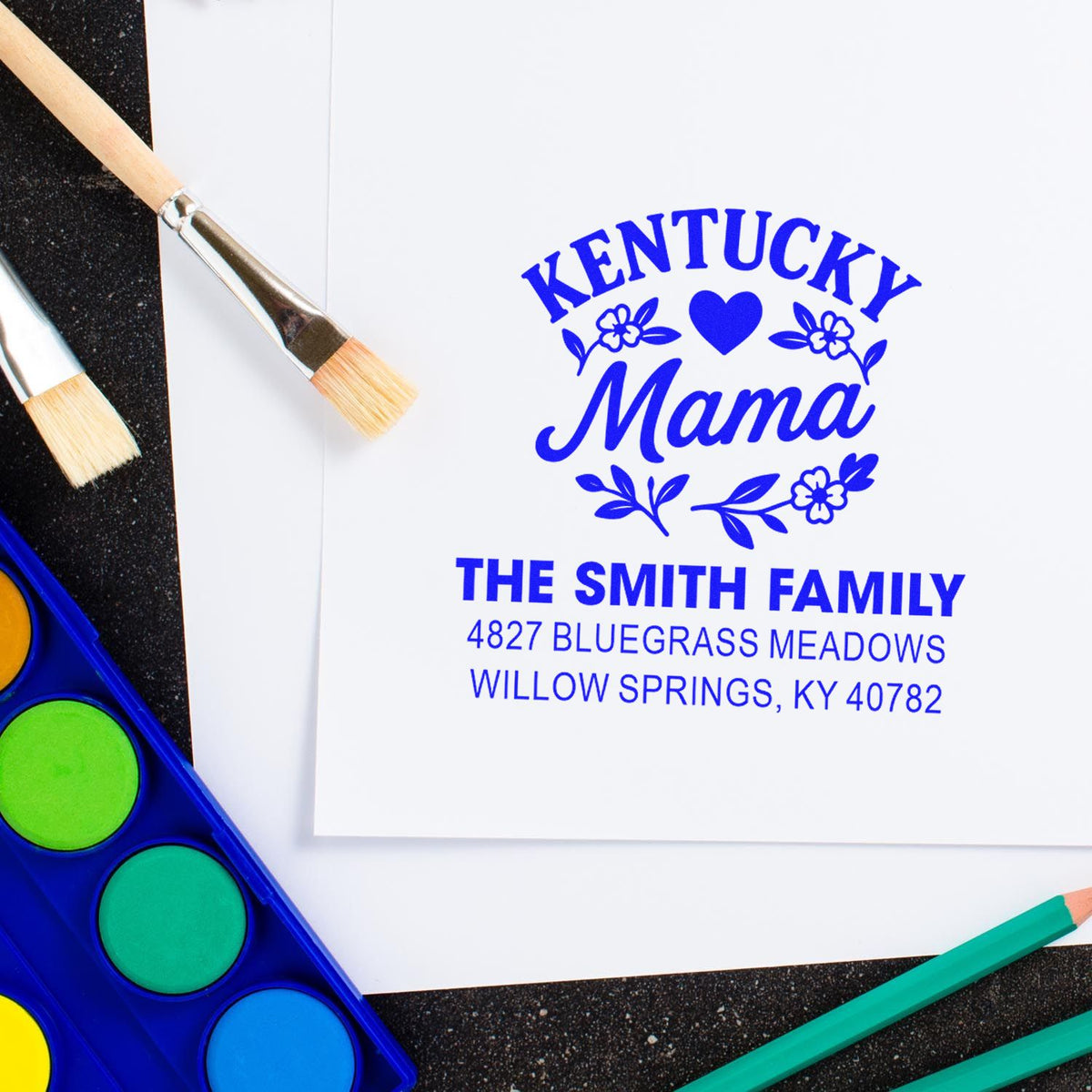 Personalized rubber stamp for Kentucky Mama return address, featuring The Smith Family and floral heart design.