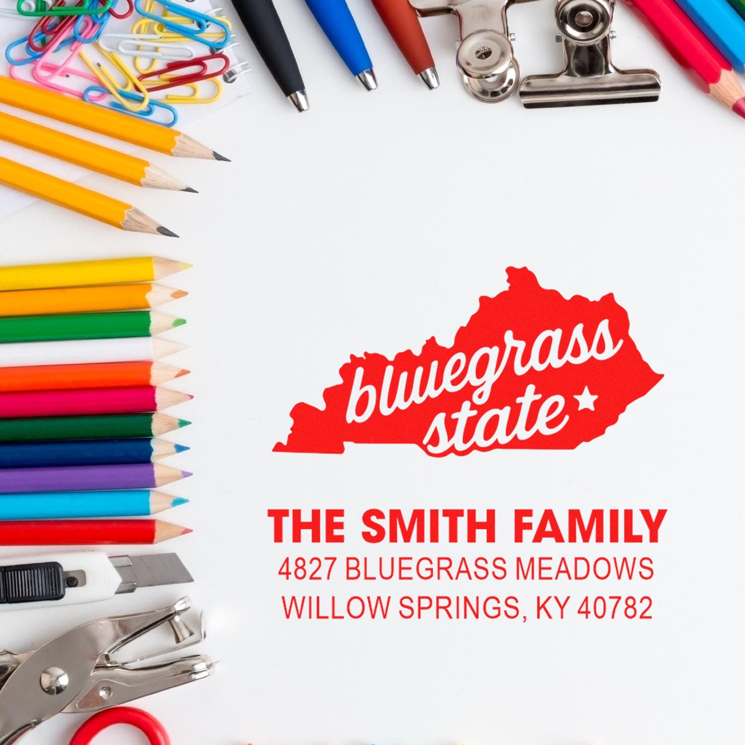 Personalized rubber address stamp for The Smith Family, featuring Bluegrass State and Willow Springs, KY return address.