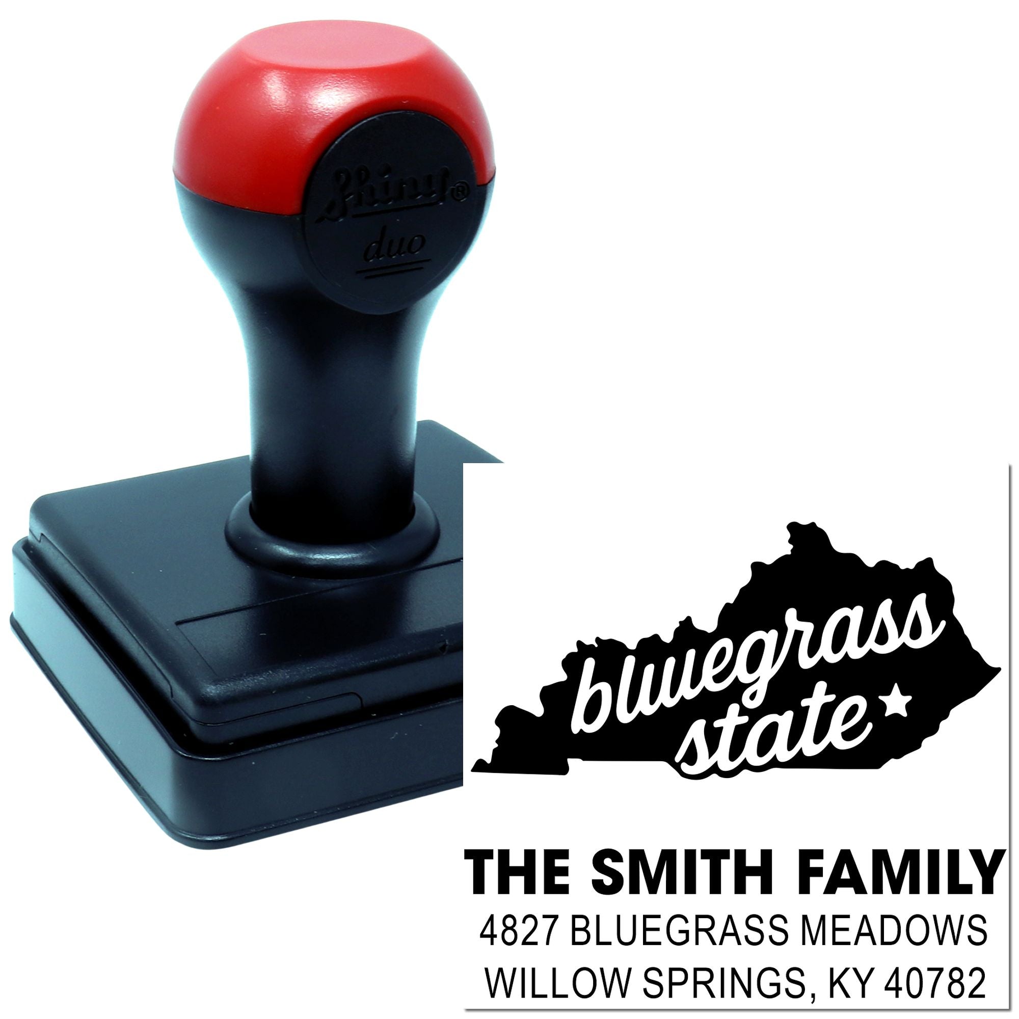 Custom self-inking Kentucky rubber stamp with Bluegrass State return address design for The Smith Family, Willow Springs, KY.