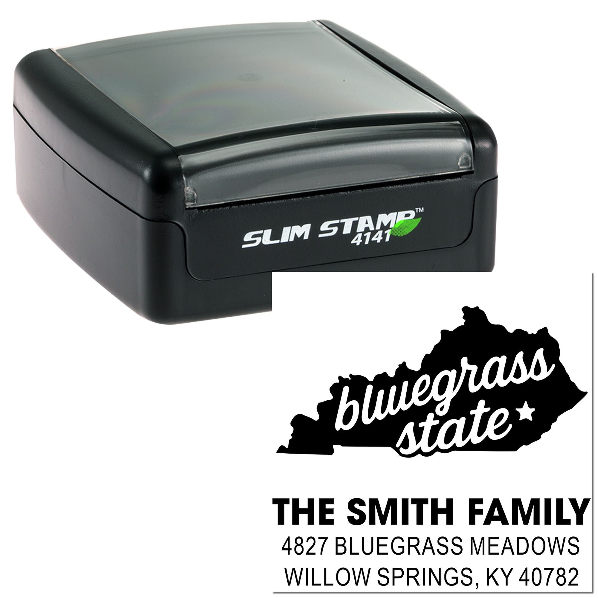 Slim Stamp 4141 custom return address rubber stamp with Kentucky Bluegrass State design for The Smith Family.