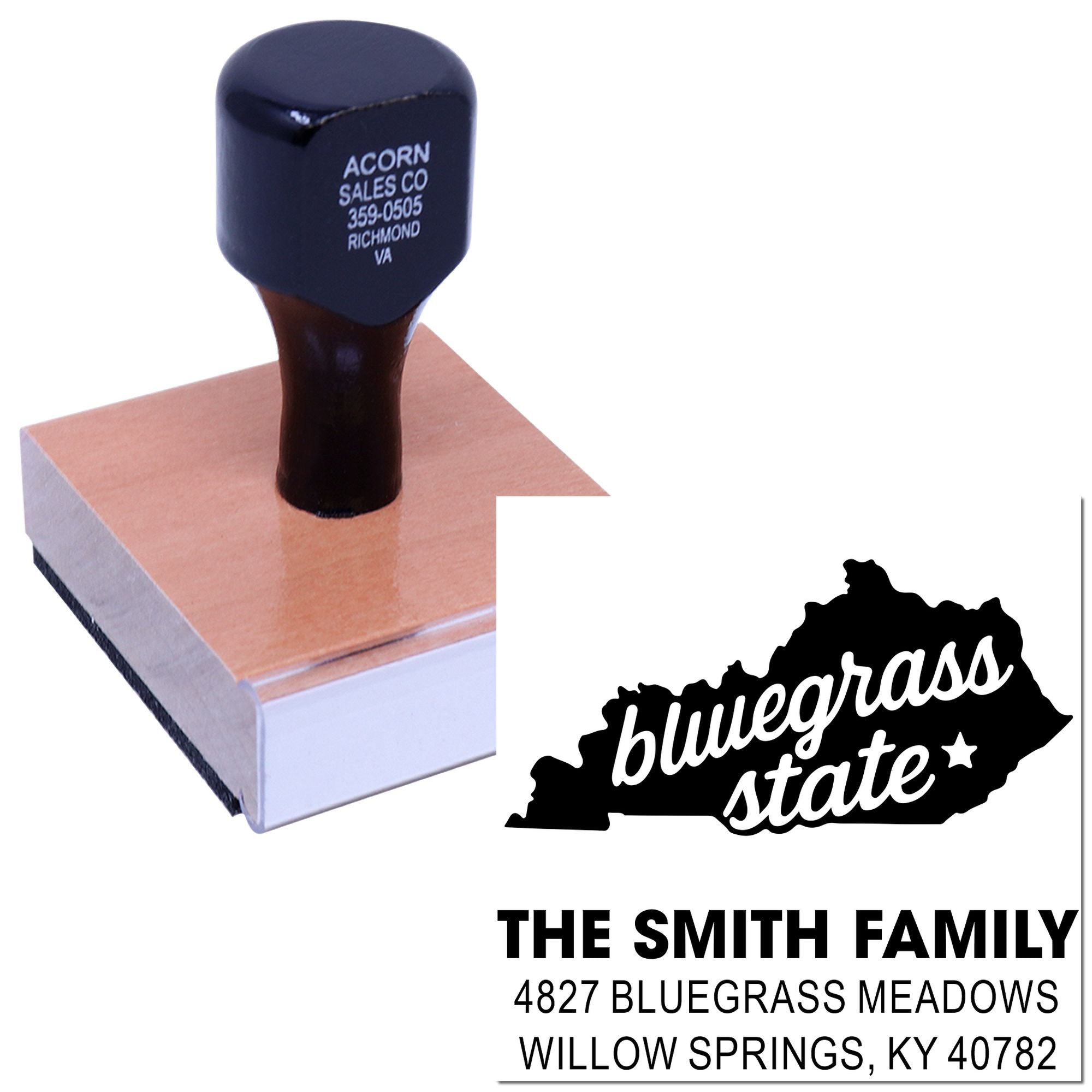 Custom Kentucky address rubber stamp with Bluegrass State design and The Smith Family return address for personalized mailing labels.