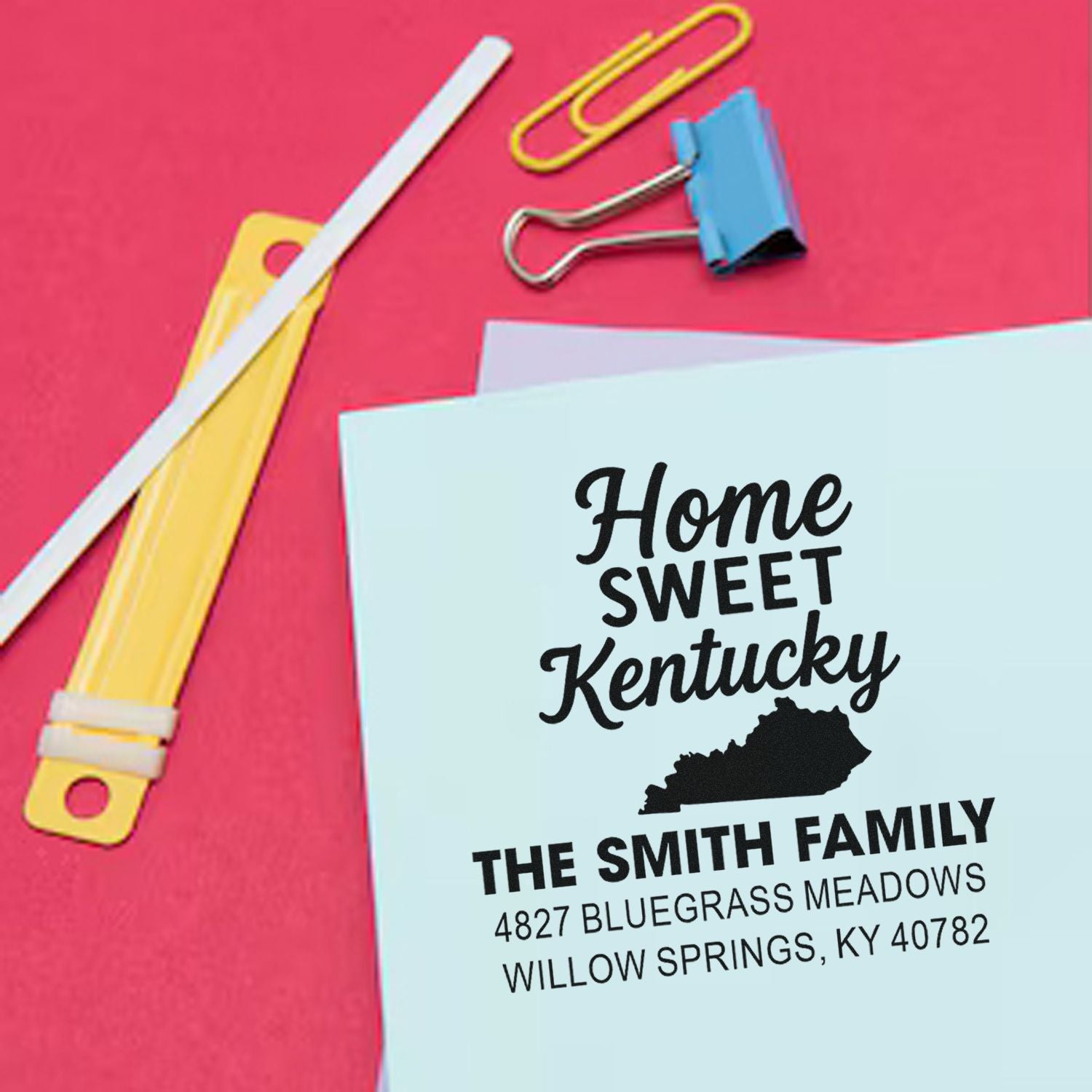 Personalized Kentucky return address rubber stamp for family mail, featuring Home Sweet Kentucky custom address design.