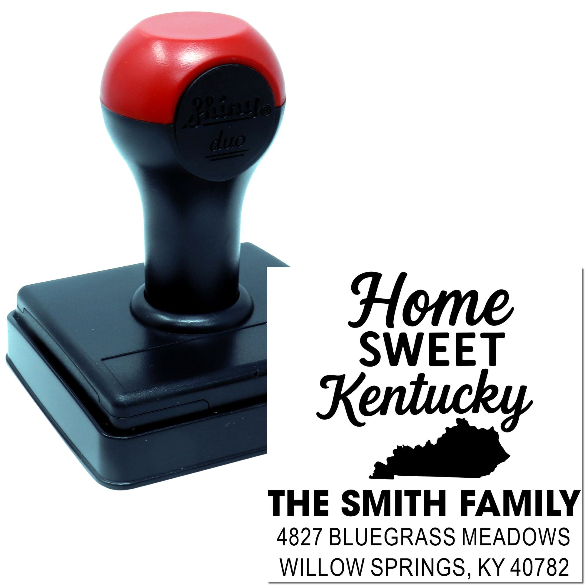 Custom rubber address stamp for Home Sweet Kentucky, The Smith Family, with state silhouette and return address.