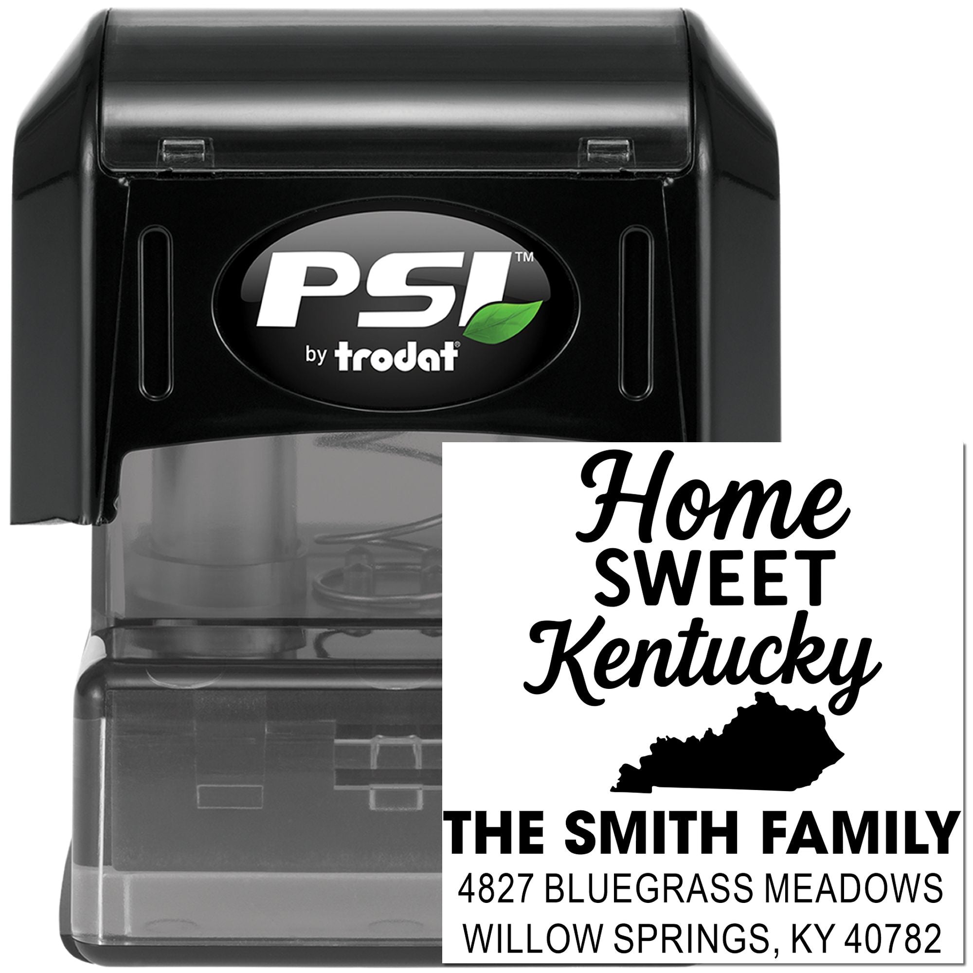 Personalized self-inking rubber address stamp with Home Sweet Kentucky design for The Smith Family return addresses.