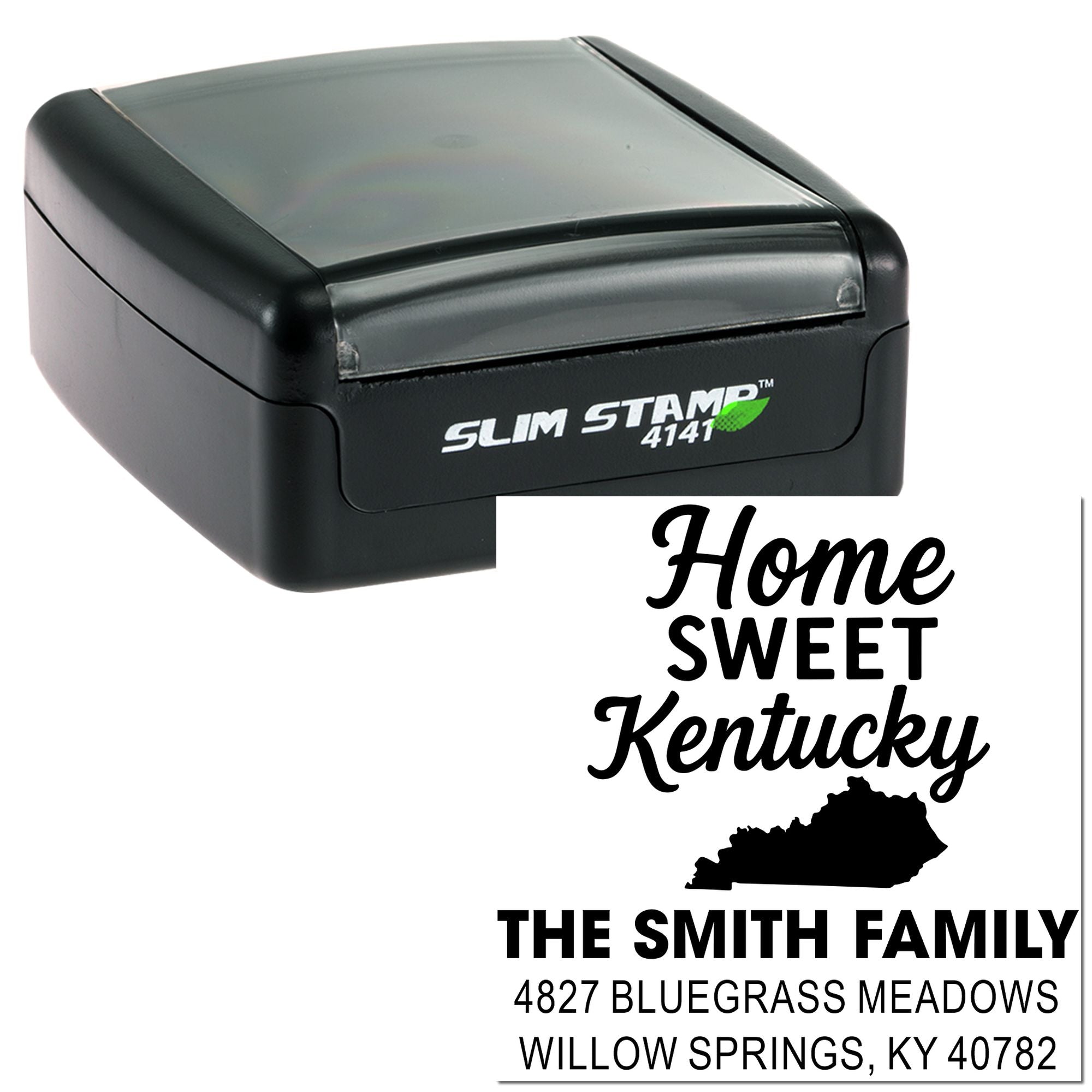 Custom self-inking Slim Stamp address rubber stamp with Home Sweet Kentucky return address design for mailing envelopes.