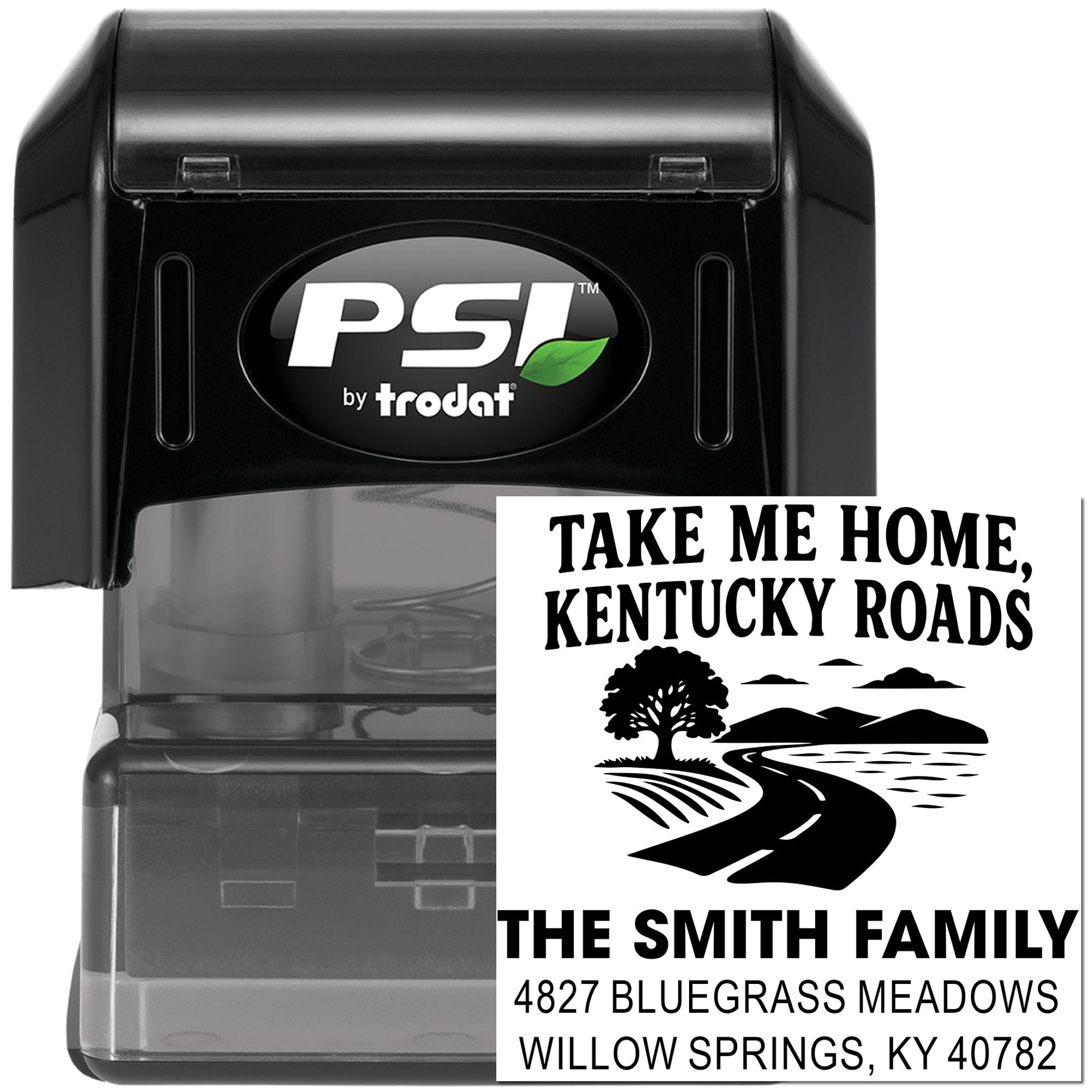 PSI by Trodat custom self-inking return address stamp with Kentucky roads design for The Smith Family home address