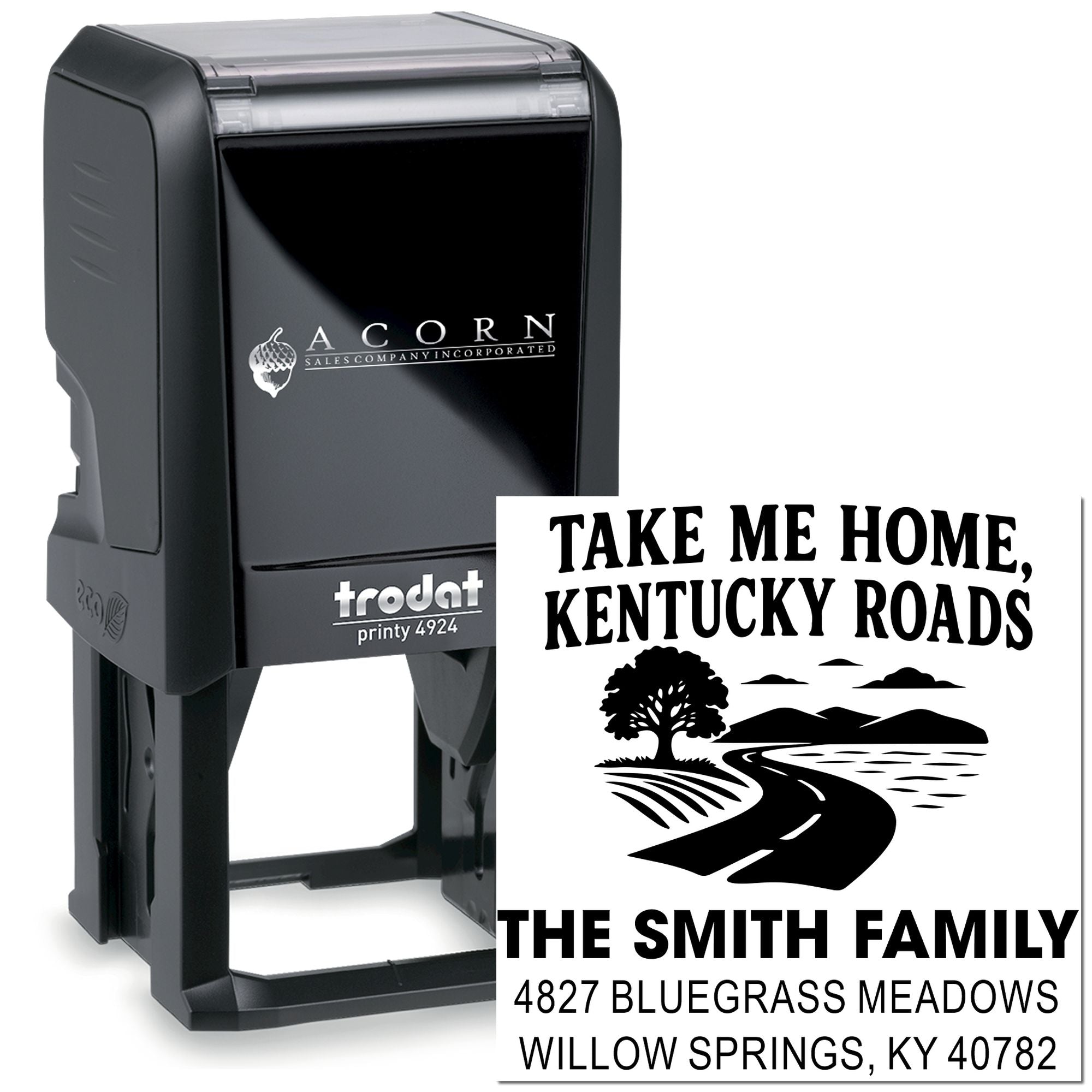 Custom self-inking rubber stamp with Kentucky road design and family return address for personalized mail and packaging