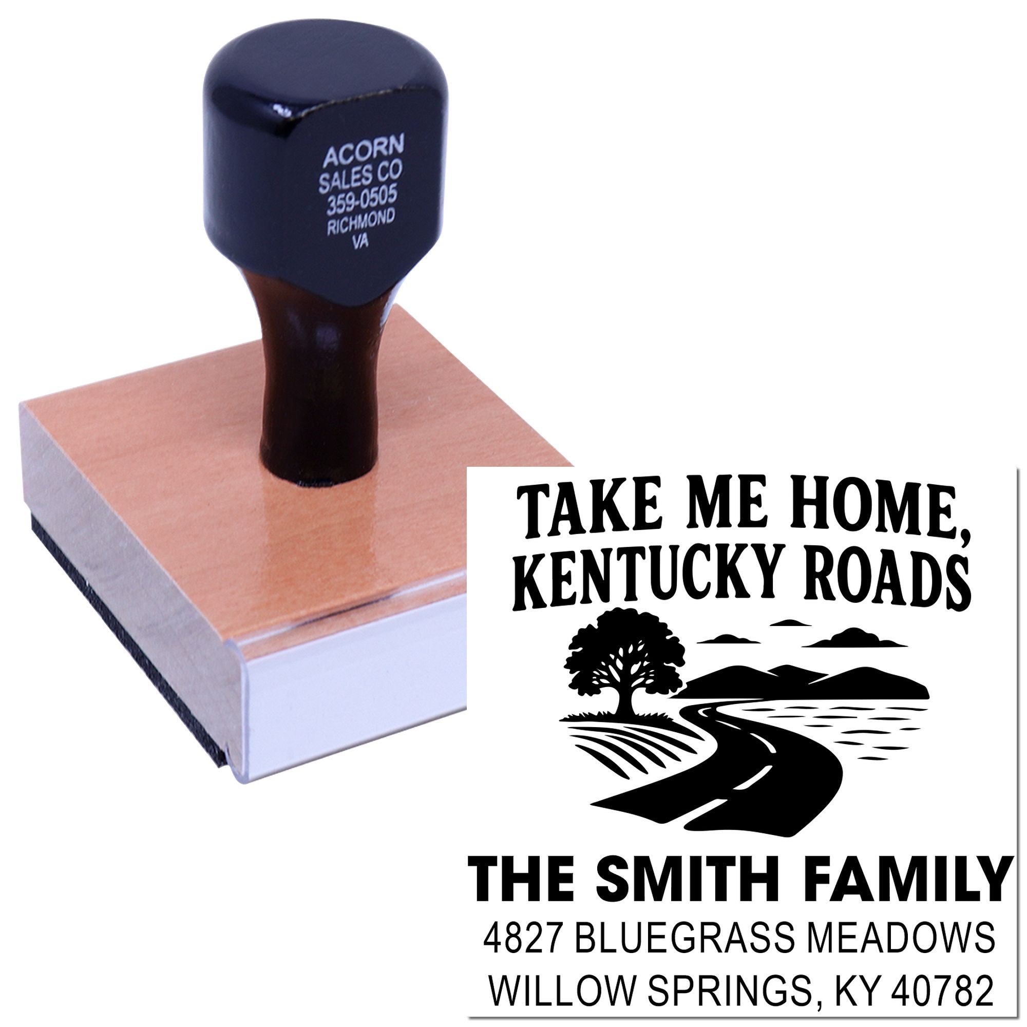 Custom rubber address stamp with Take Me Home, Kentucky Roads family design for personalized mail and crafts.