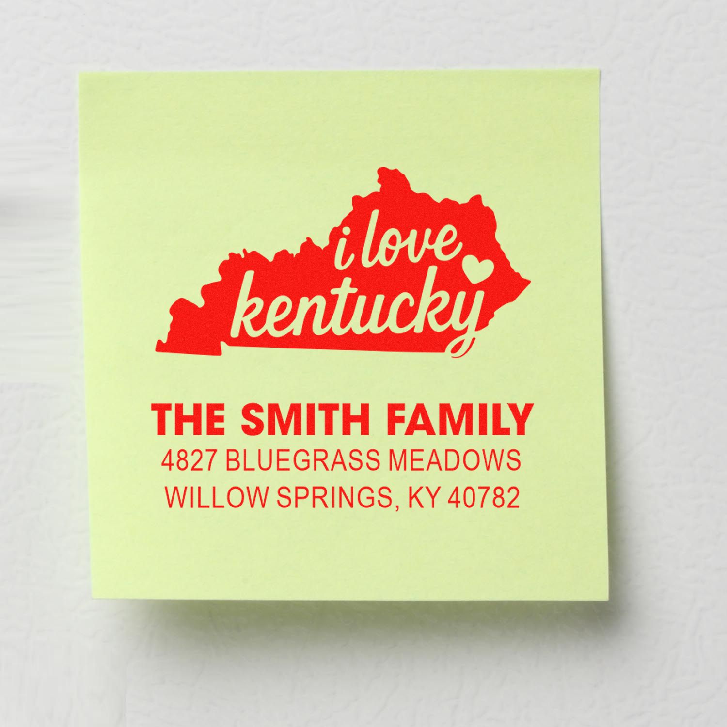 Custom Kentucky return address rubber stamp with I Love Kentucky state design for The Smith Family.