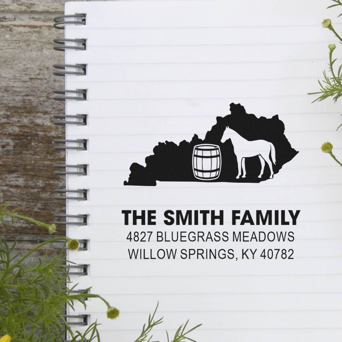 Custom rubber stamp with Kentucky horse design and return address for The Smith Family, ideal for personalized mail.