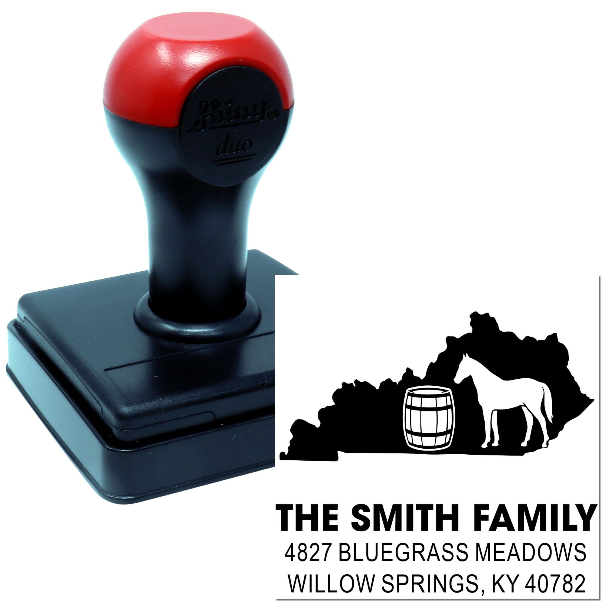 Custom self-inking rubber stamp with horse and barrel logo, personalized family return address design.