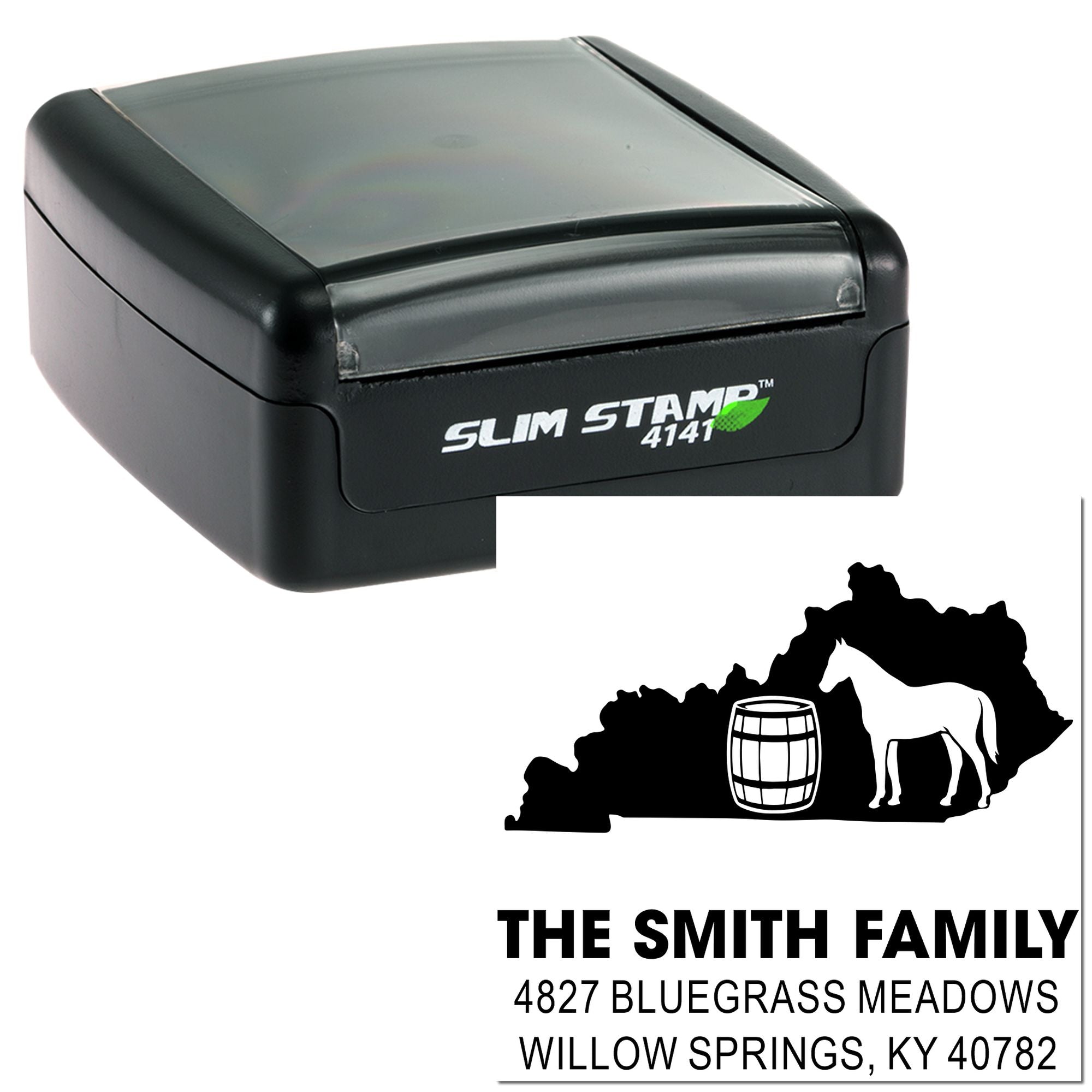 Custom self-inking Slim Stamp 4141 rubber stamp featuring a Kentucky horse design and personalized Smith family return address.