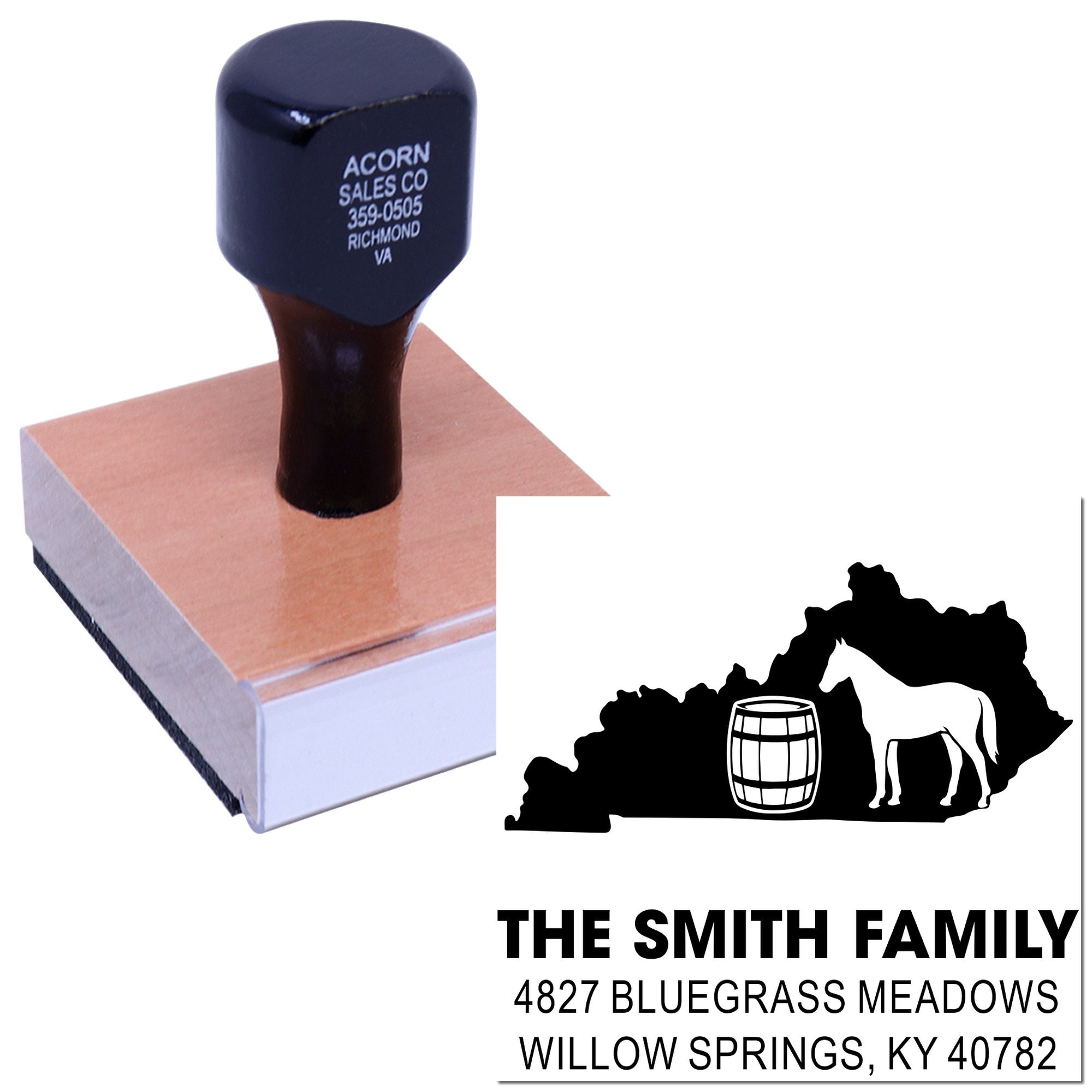 Custom family address rubber stamp with horse and barrel design for The Smith Family, Willow Springs, KY