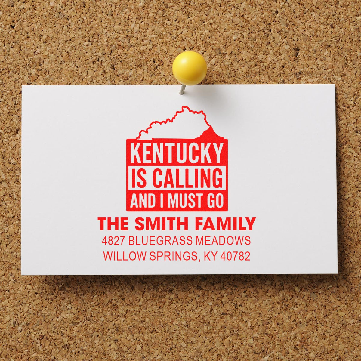 Custom Kentucky return address rubber stamp for The Smith Family, with state silhouette and mailing address.
