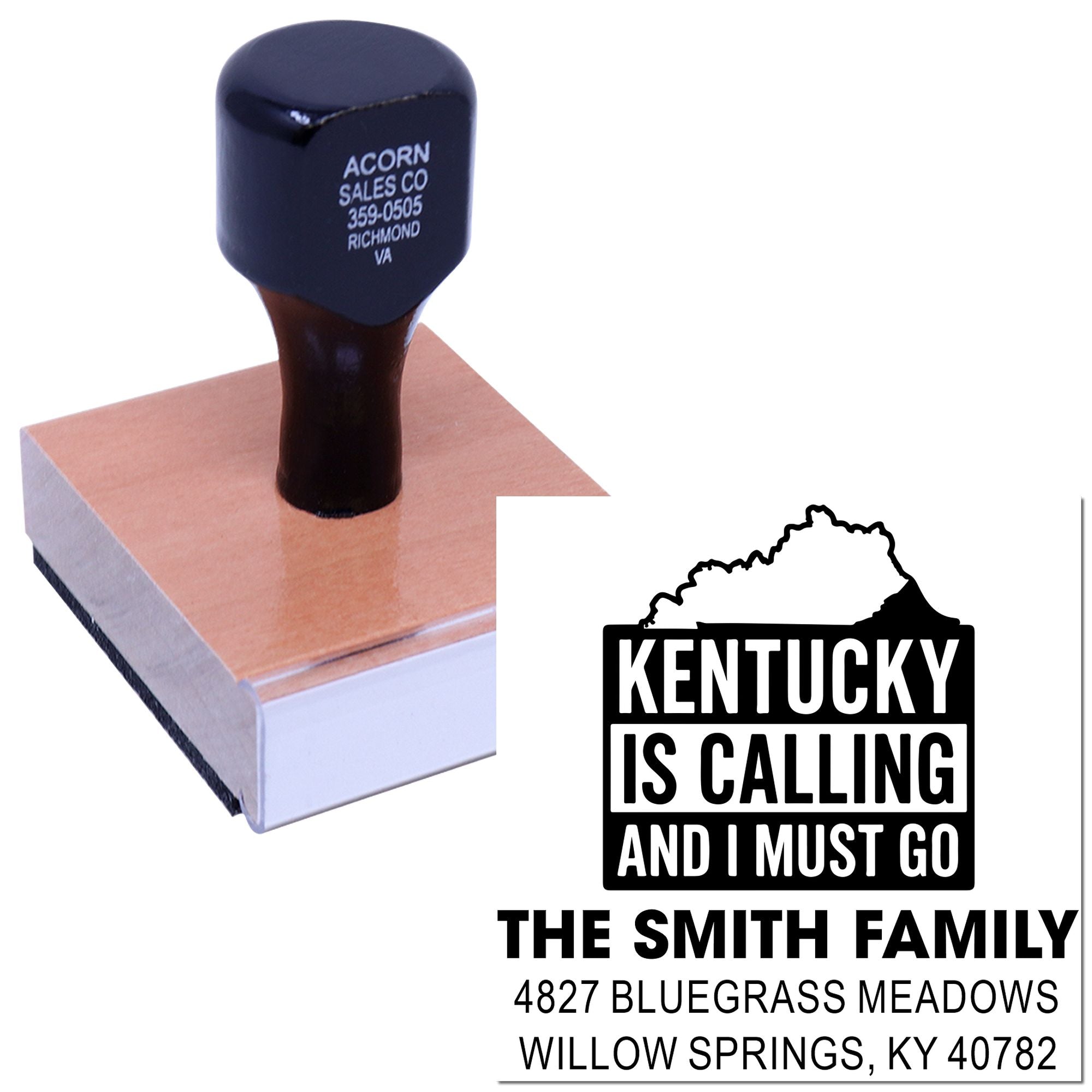 Custom Kentucky rubber stamp with state silhouette, family name, and return address for personalized mailing.