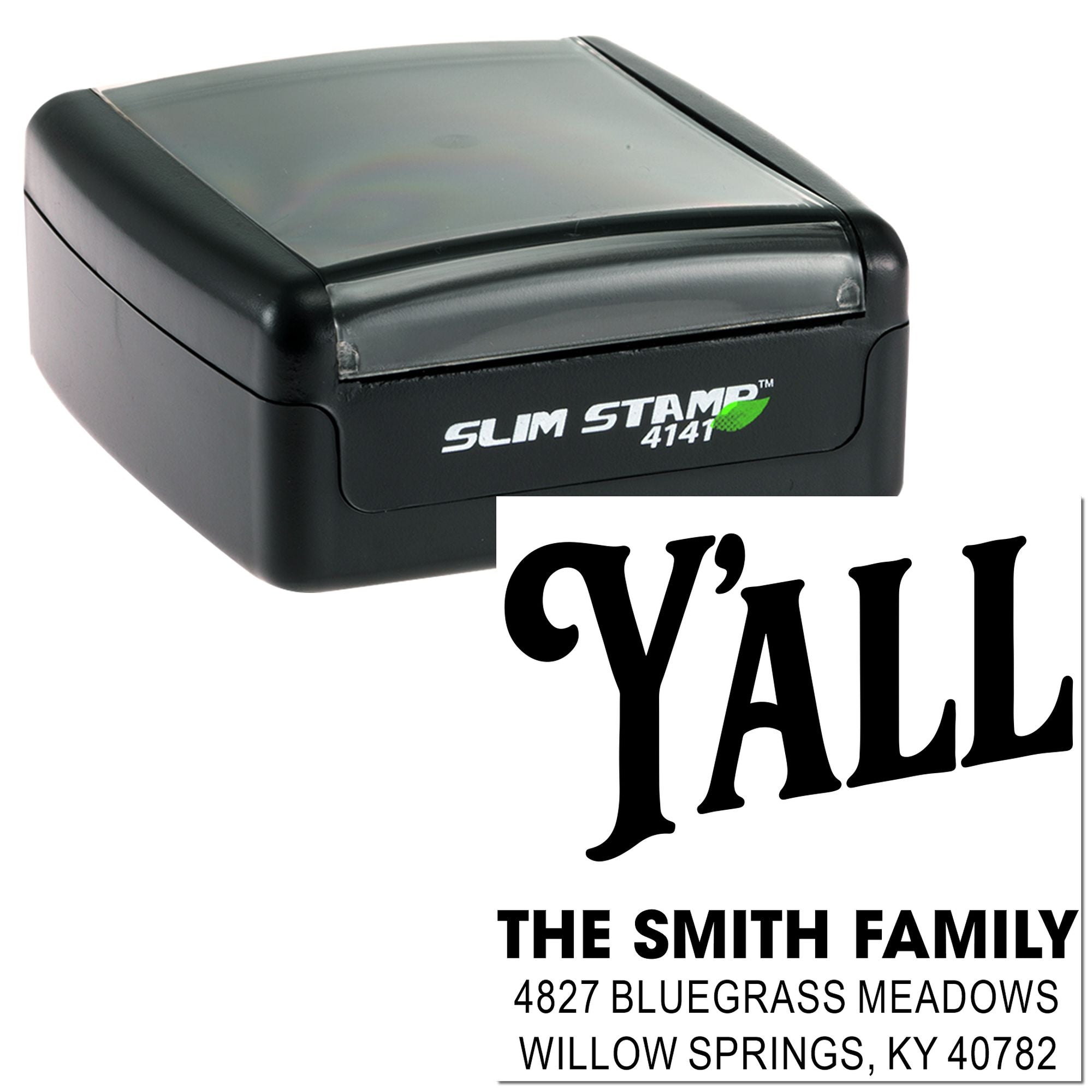 Custom Slim Stamp 4141 rubber address stamp with YALL design and The Smith Family return address for personalized mail.