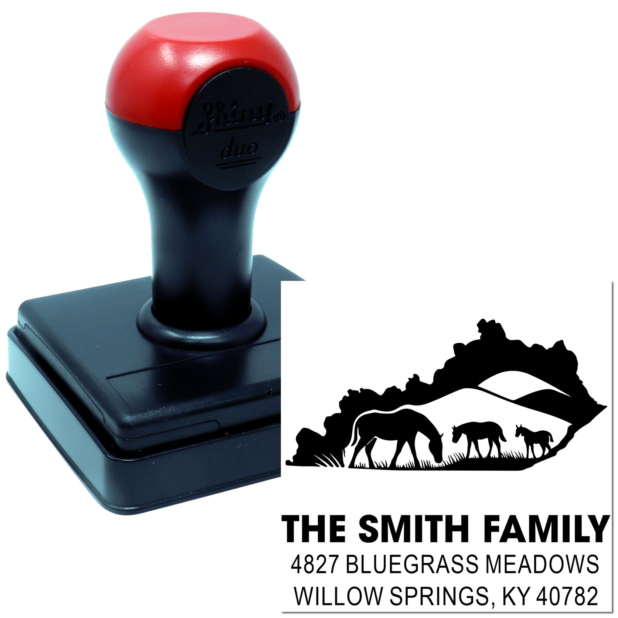 Custom self-inking rubber stamp with horse silhouette and Smith family return address for personalized mailing labels.
