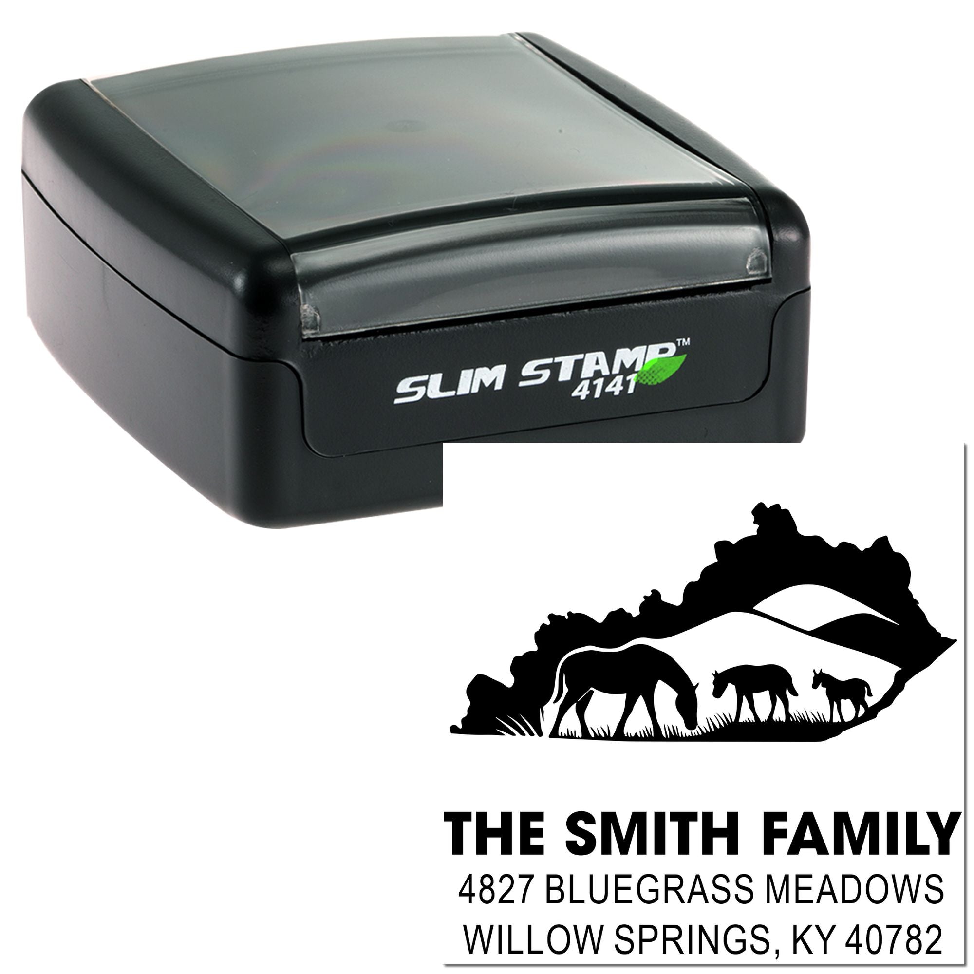 Custom self-inking rubber address stamp with horse family logo, name, and return address for mailing.