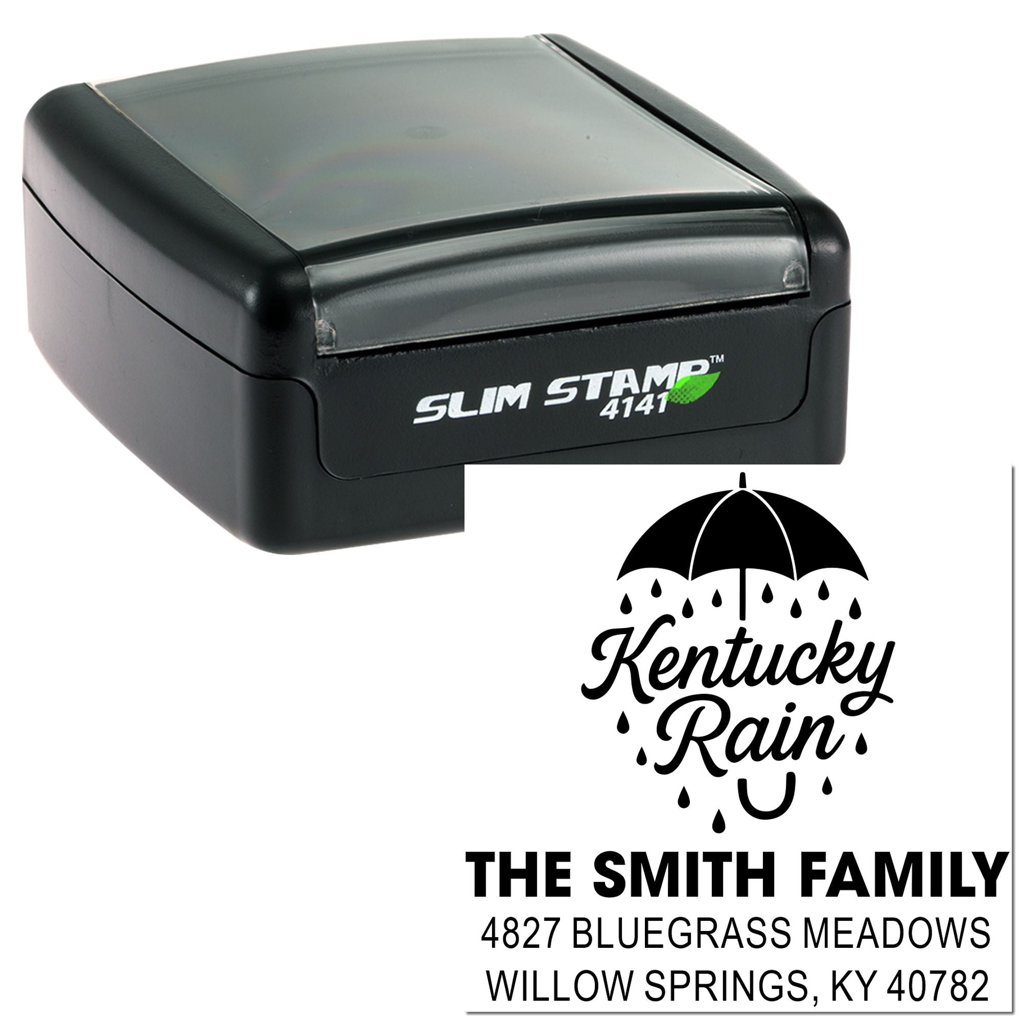 Self-inking custom rubber address stamp with Kentucky Rain umbrella design and The Smith Family return address.