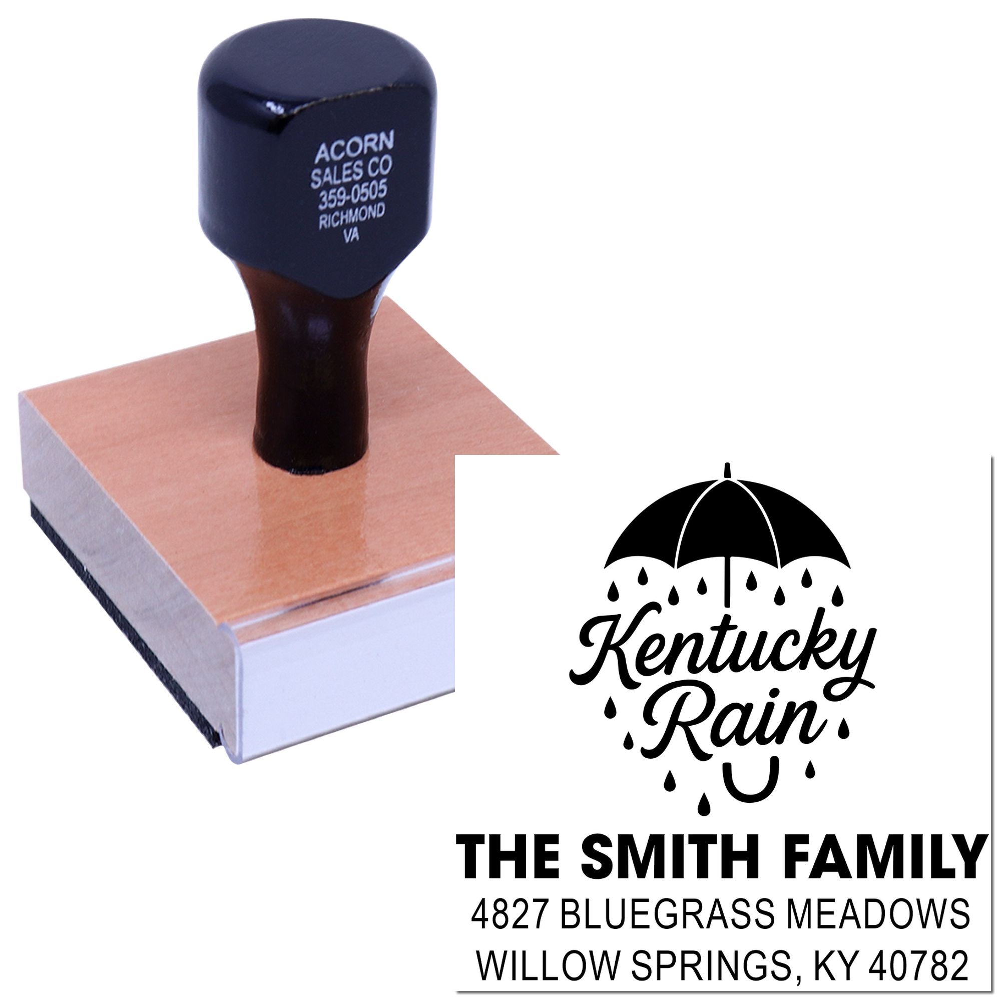 Custom Kentucky Rain return address rubber stamp for The Smith Family with umbrella logo and personalized mailing address