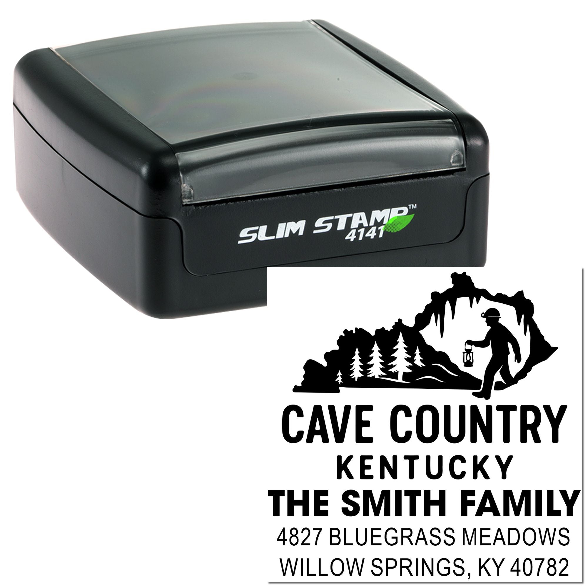 Custom Slim Stamp rubber stamp with Cave Country Kentucky family return address and logo design.