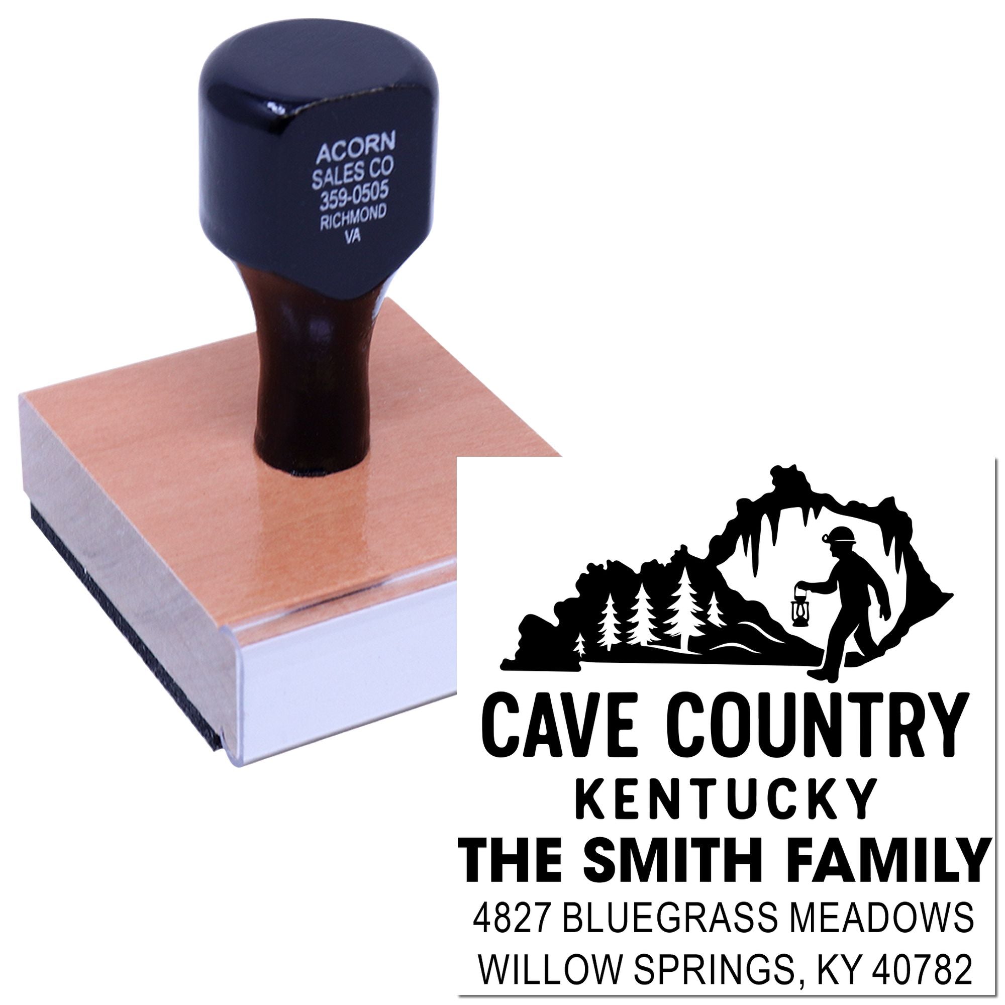 Custom rubber address stamp with Cave Country Kentucky family logo, ideal for personalized mailing and branding.