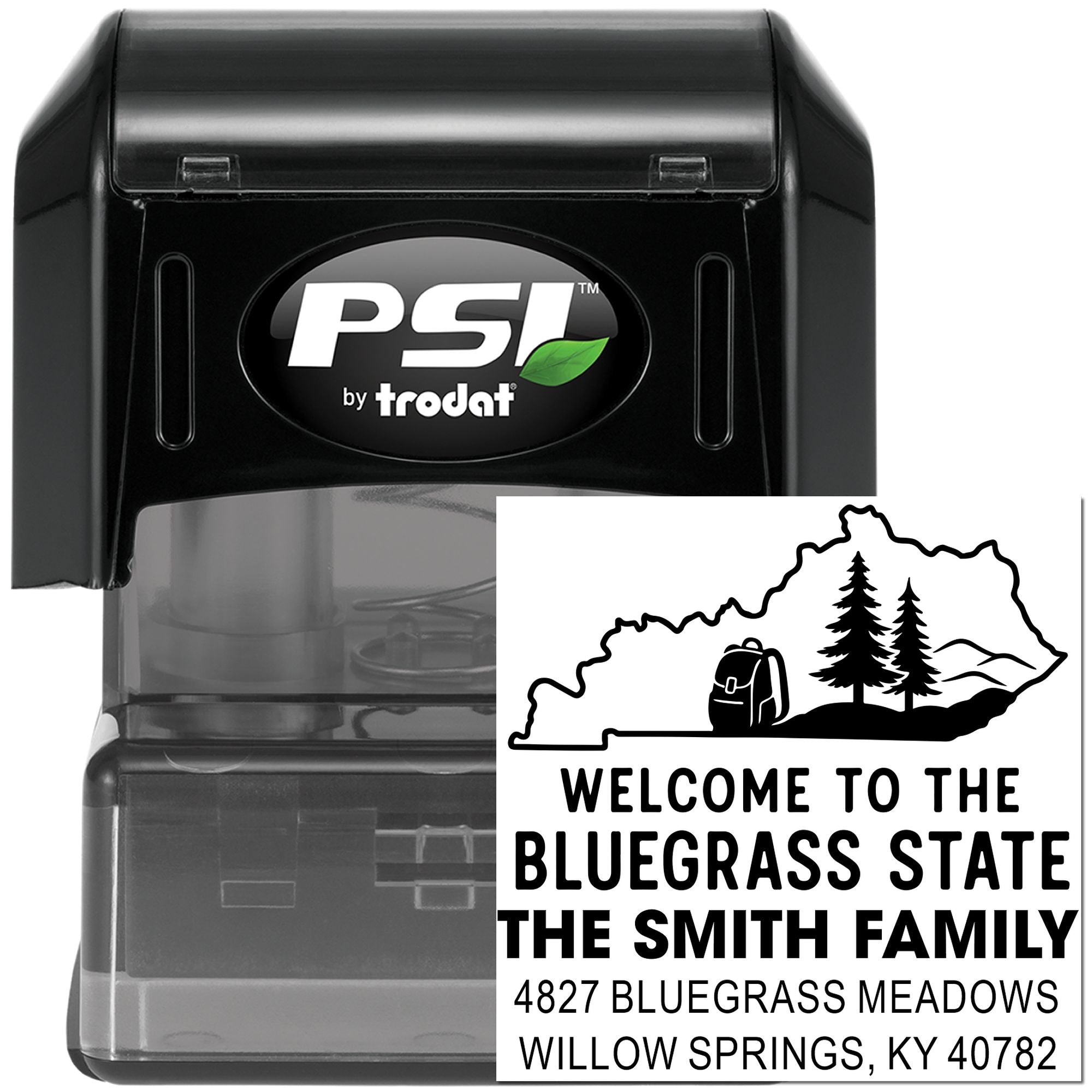 Self-inking custom address rubber stamp with Bluegrass State welcome design for Kentucky family mailings.