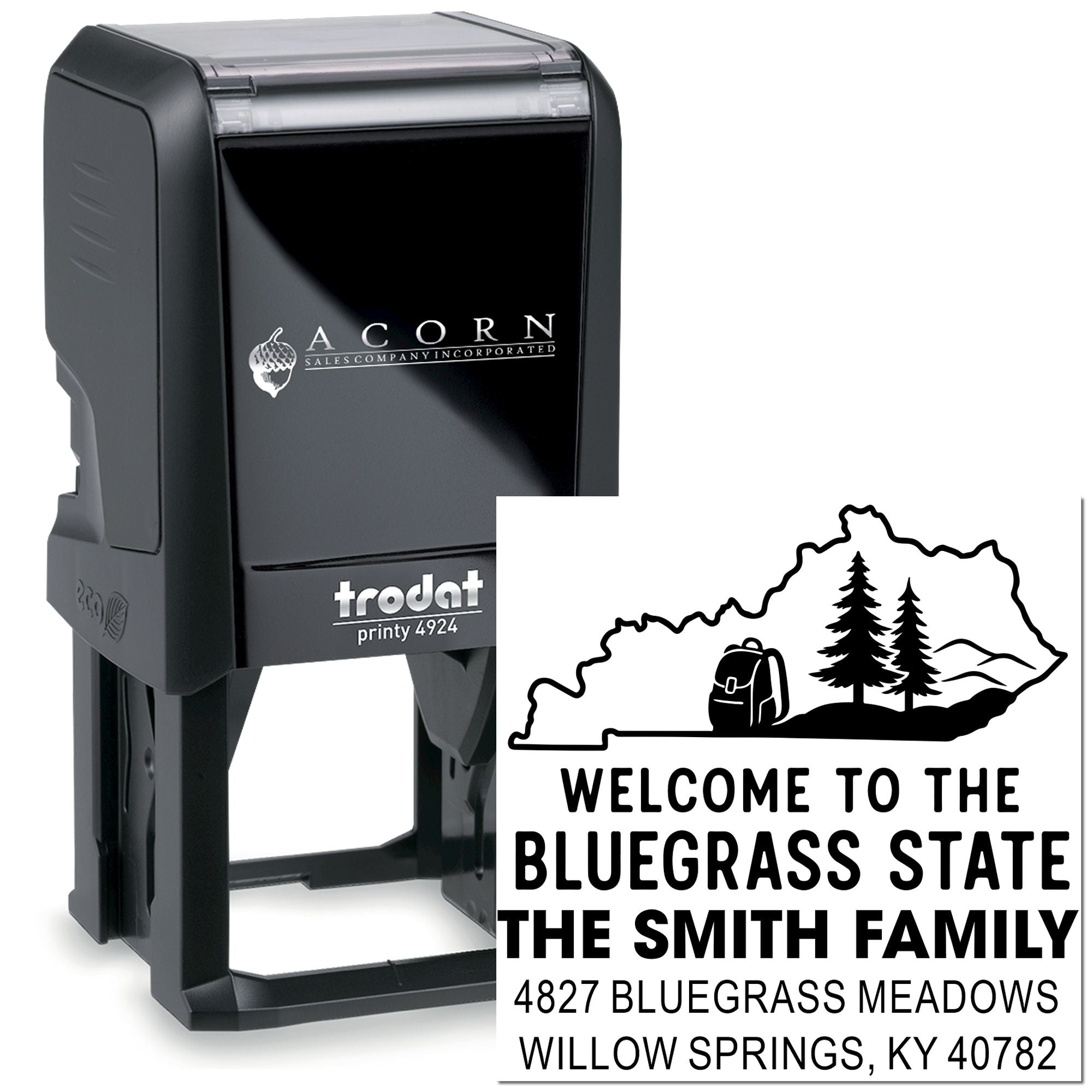 Custom self-inking rubber stamp for a Kentucky Bluegrass State welcome address, personalized for the Smith family.