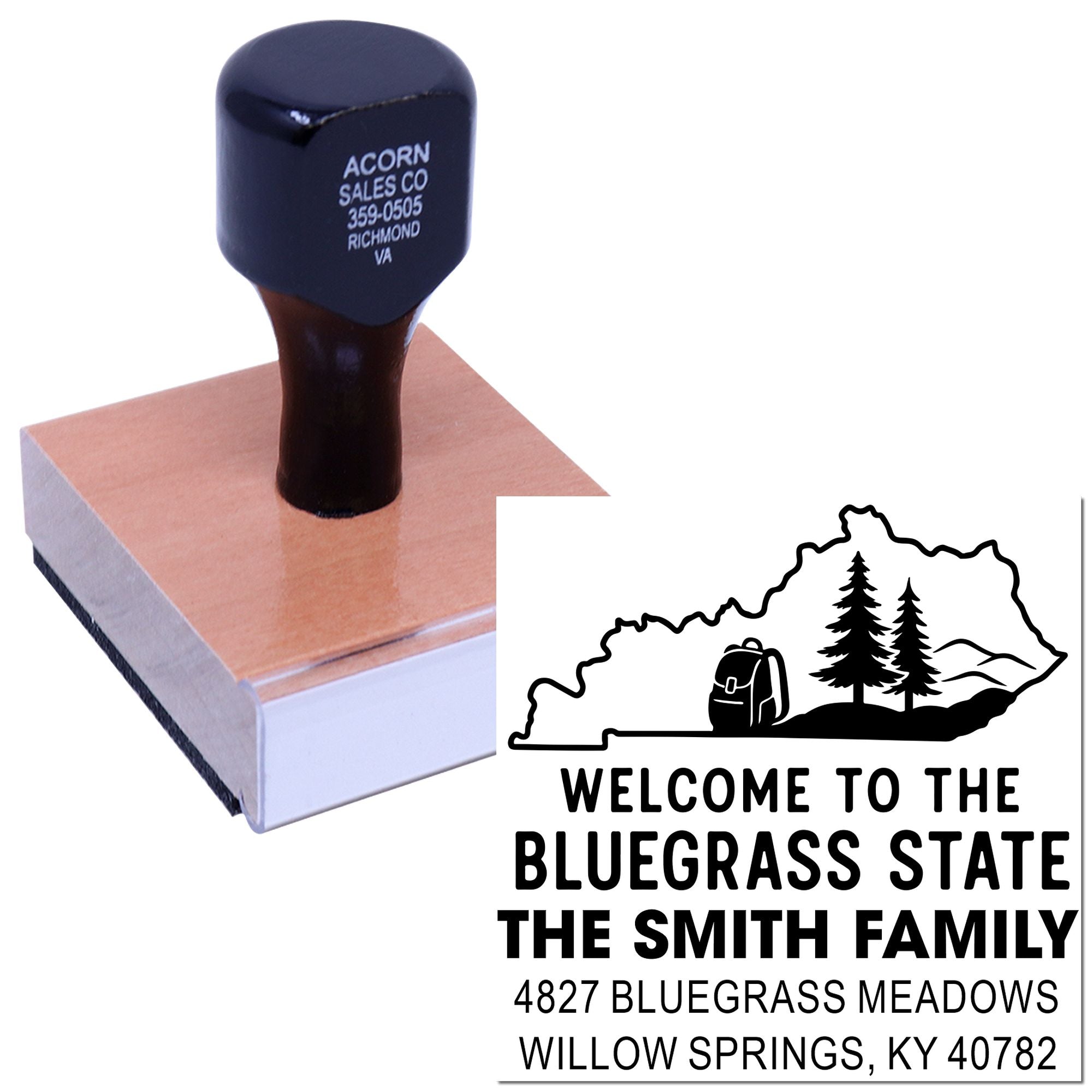 Custom rubber stamp for personalized address labels, featuring a state outline and welcome-to-the-Bluegrass-State design.