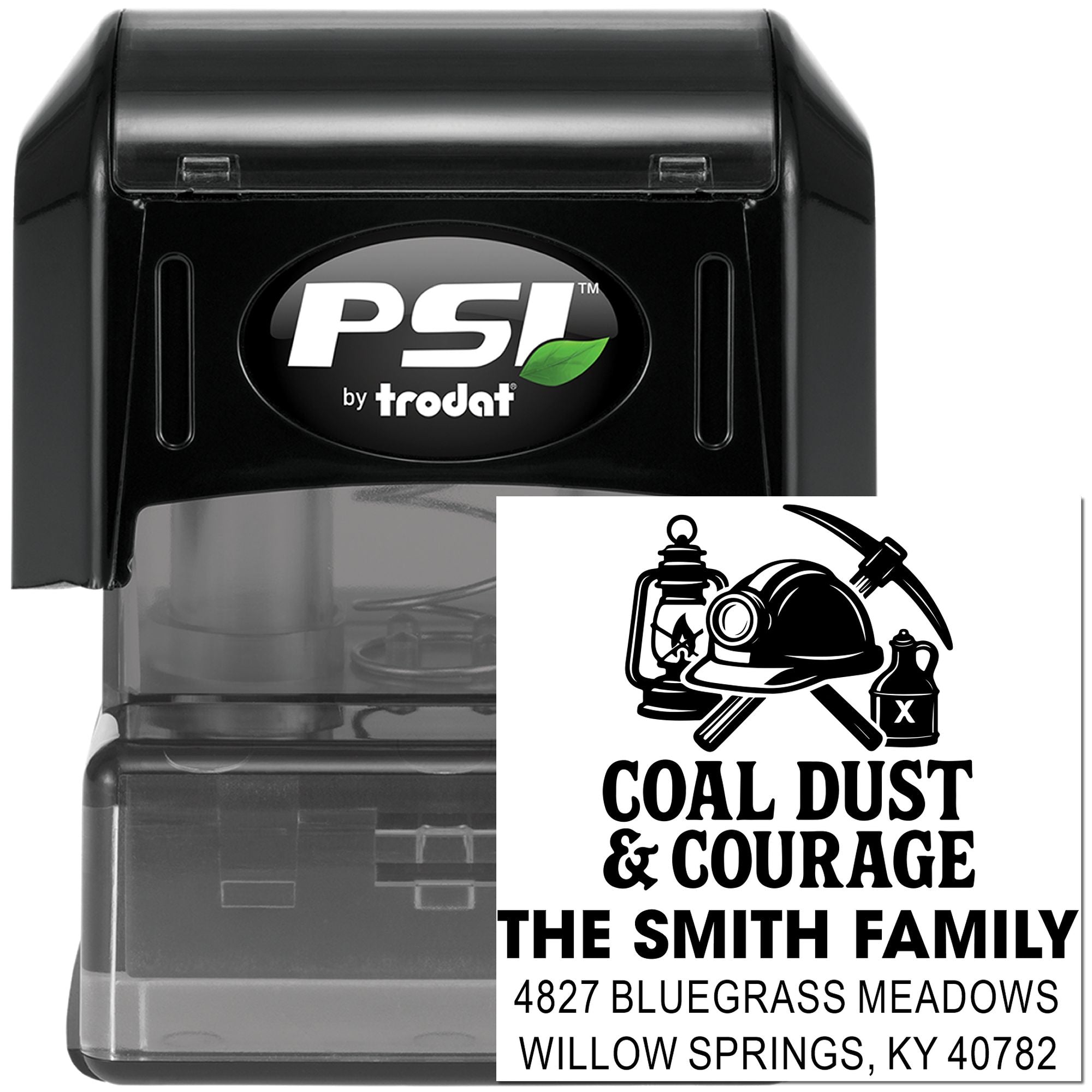 Custom self-inking rubber address stamp by PSI Trodat with Coal Dust & Courage family name and return address.