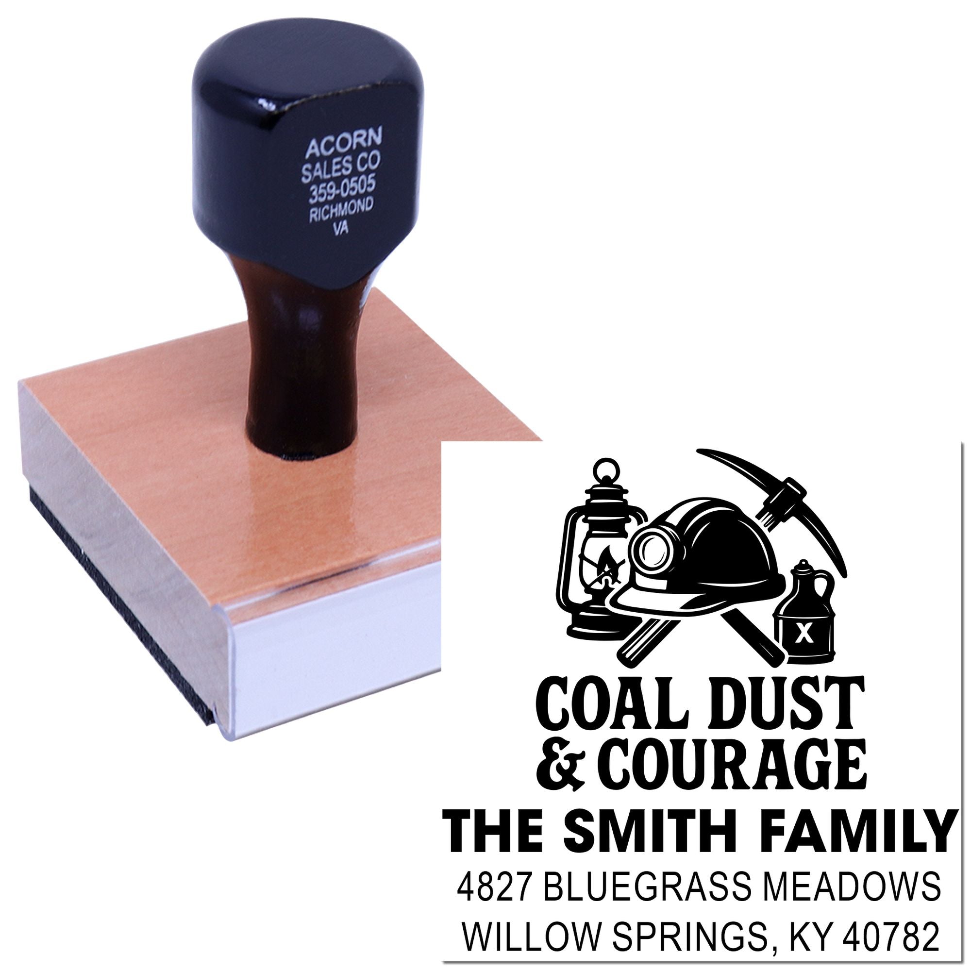 Custom coal miner return address rubber stamp with Coal Dust & Courage family name and address design.
