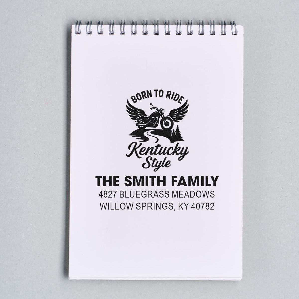 Personalized motorcycle family address rubber stamp with Born to Ride Kentucky Style for The Smith Family in Willow Springs, KY.