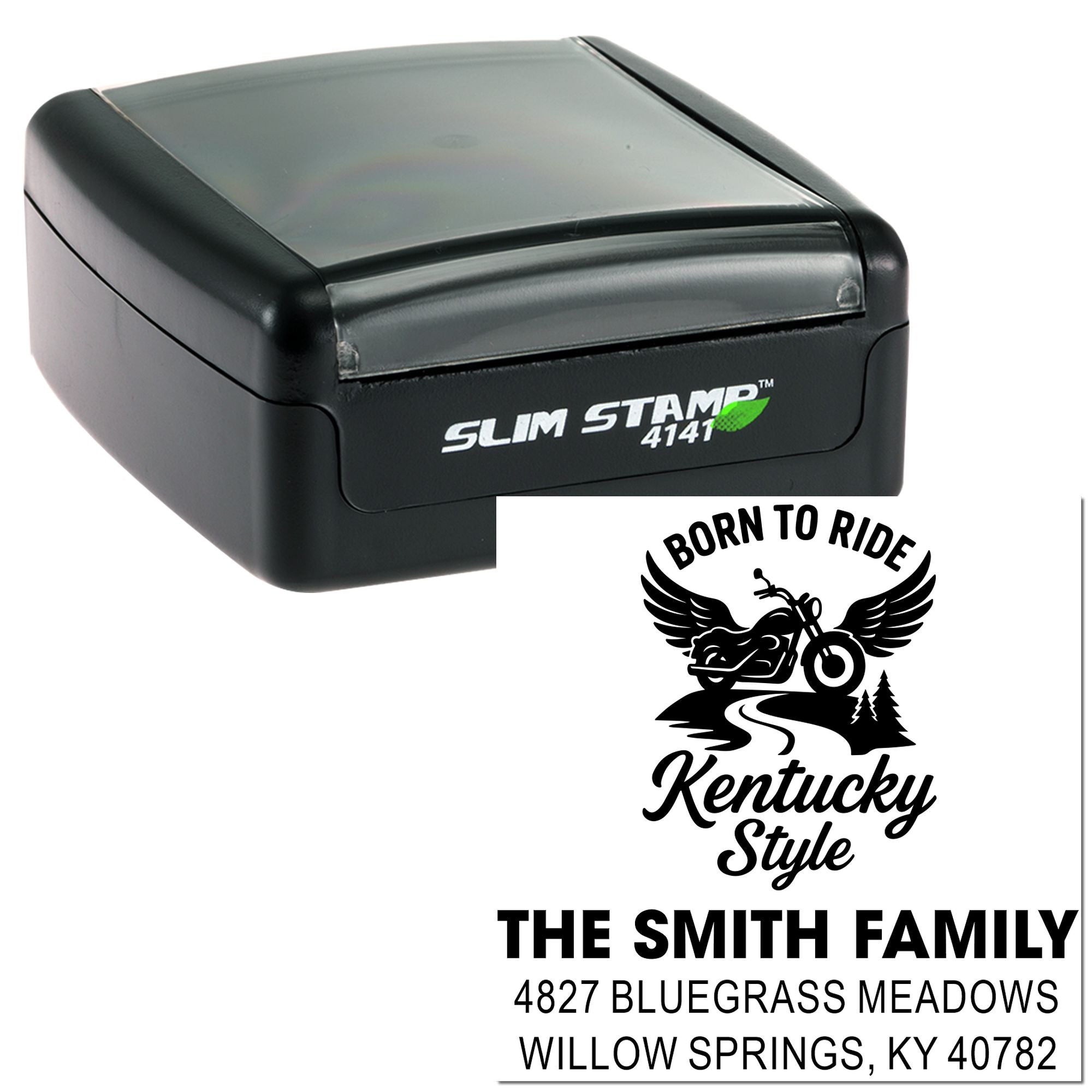 Personalized self-inking rubber stamp with motorcycle design and The Smith Family address in Willow Springs, KY.