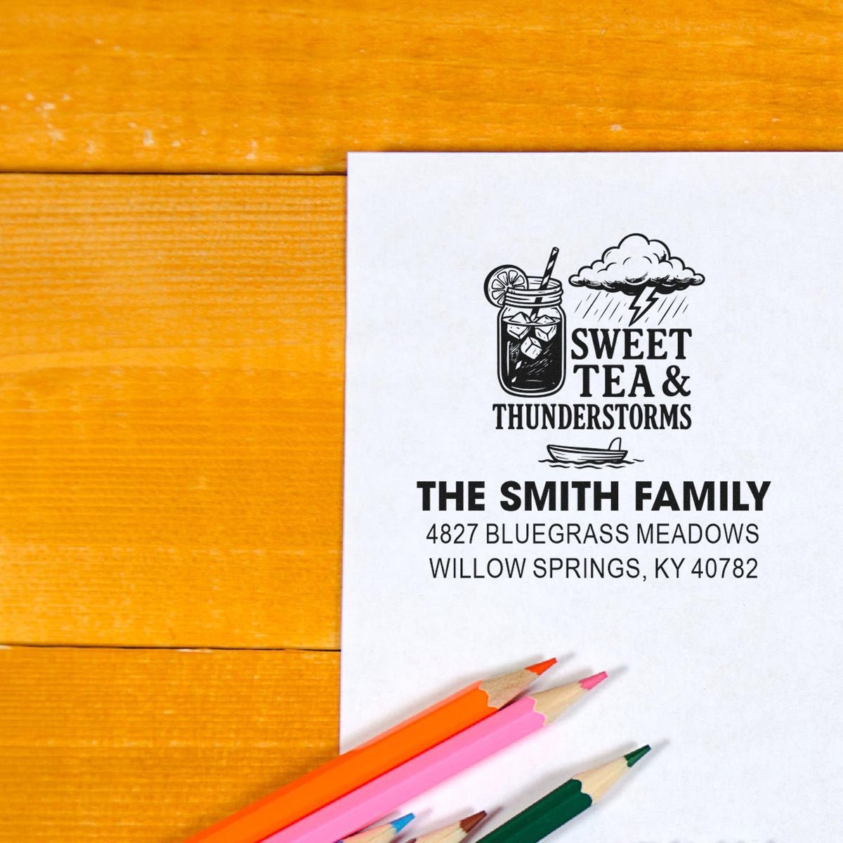 Custom return address rubber stamp with Sweet Tea & Thunderstorms design for the Smith family mailing address