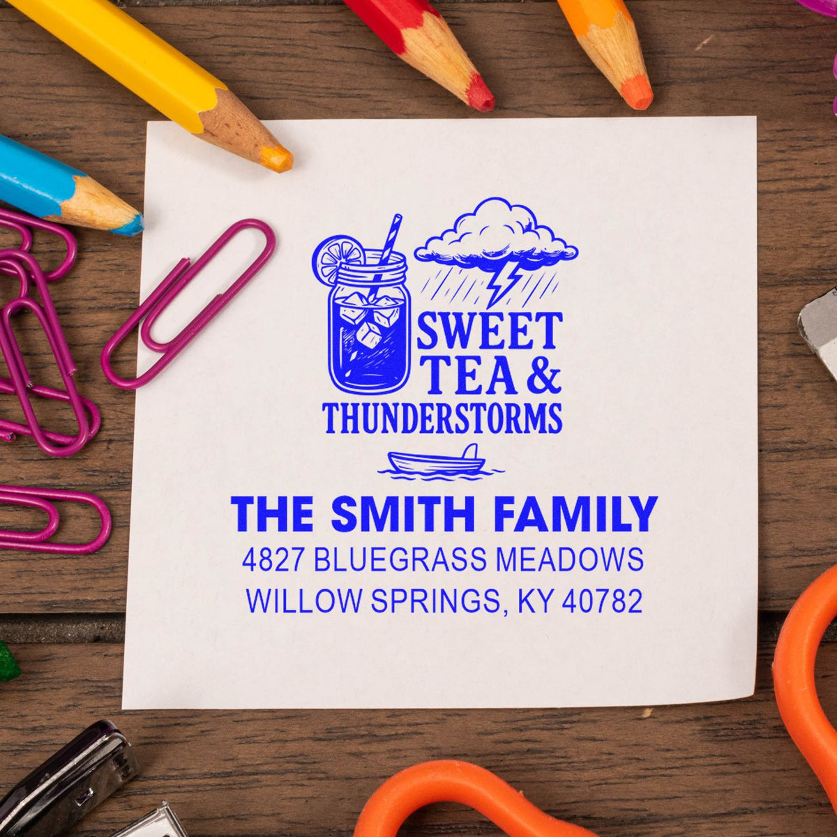 Custom address rubber stamp with Sweet Tea & Thunderstorms design for The Smith Family, a fun personalized return address stamp.
