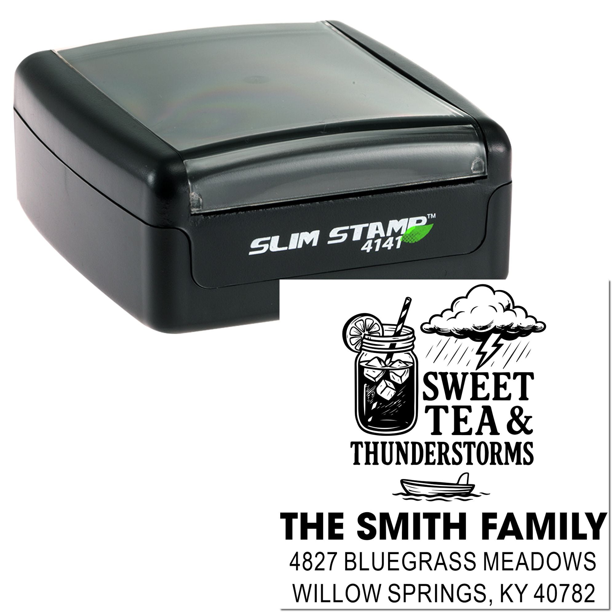 Self-inking rubber stamp for custom family address imprint with Sweet Tea & Thunderstorms design.